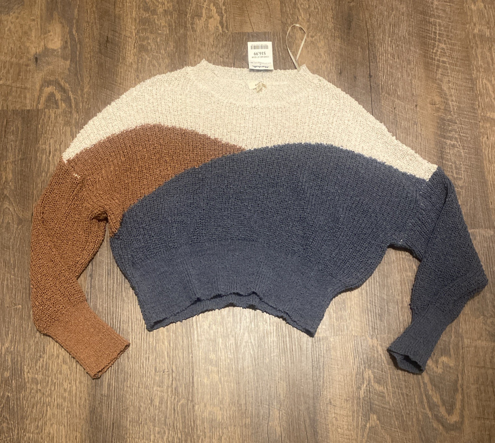 NWT Debut Women’s Crochet Slouchy Sweater Large Ivory Brown Blue Knit Pullover