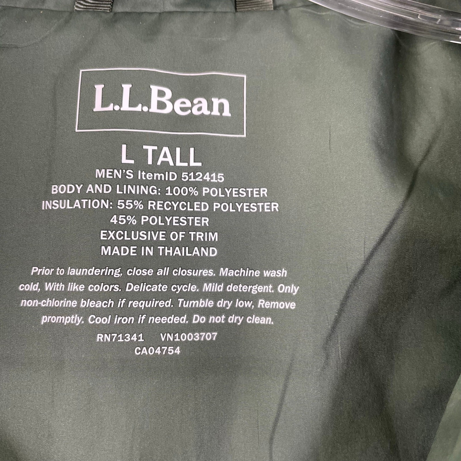 L.L.Bean Army Green Men’s Mountain Classic Puffer Jacket Lightweight Large Tall
