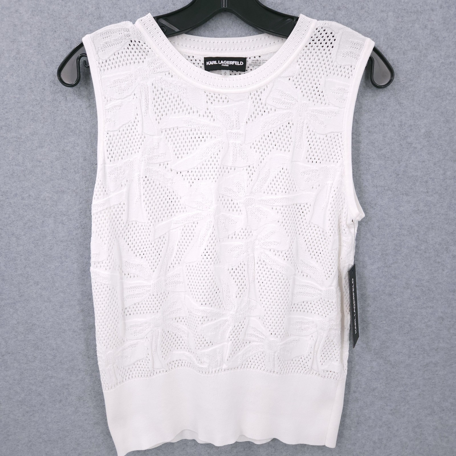 Karl Lagerfeld Paris Crewneck Sleeveless Bow Tie Pattern White Top Womens Size S