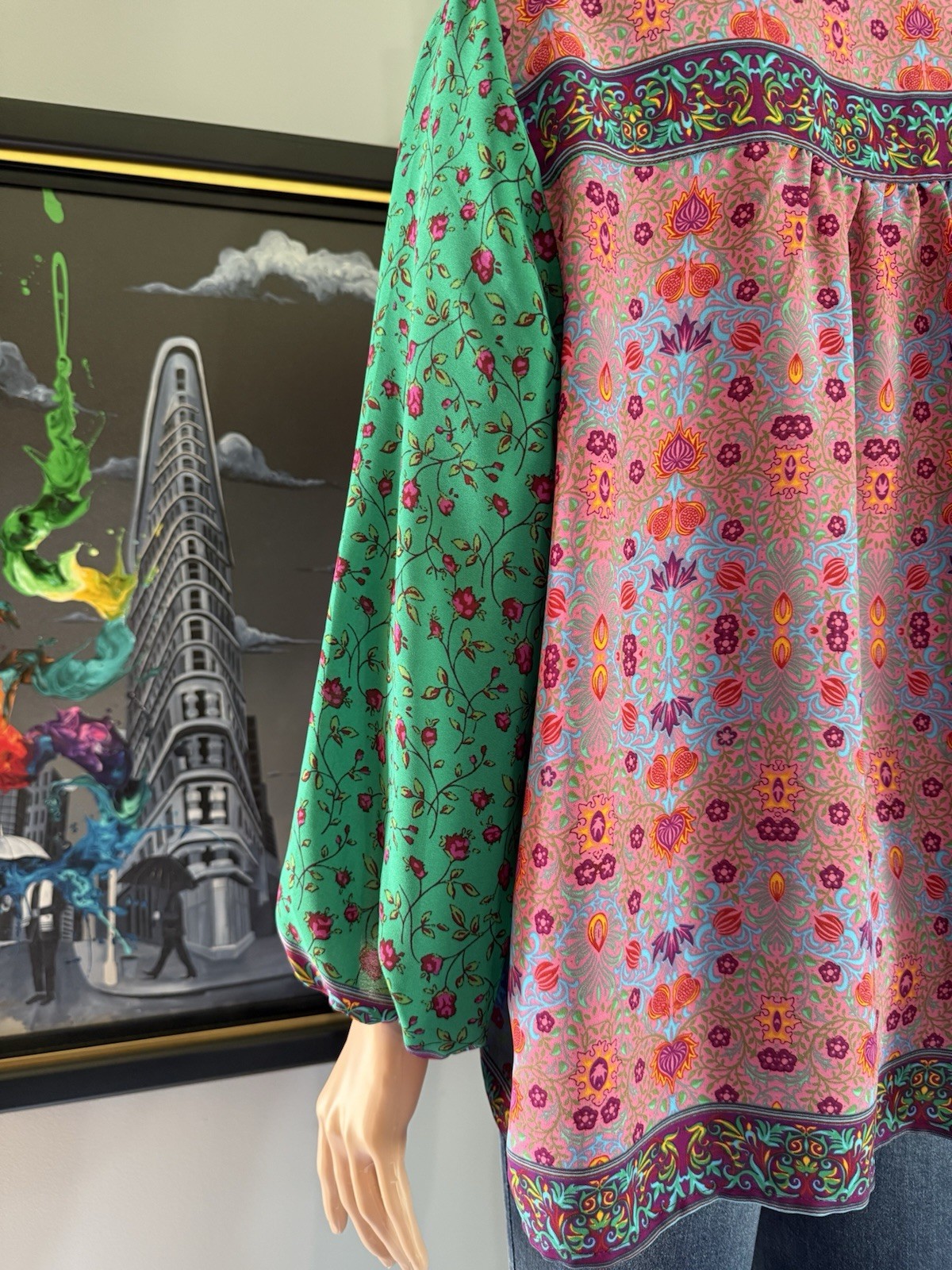 Dalia Women’s Pink Green Floral Mixed Print Peasant Blouse – Sz See Measurements