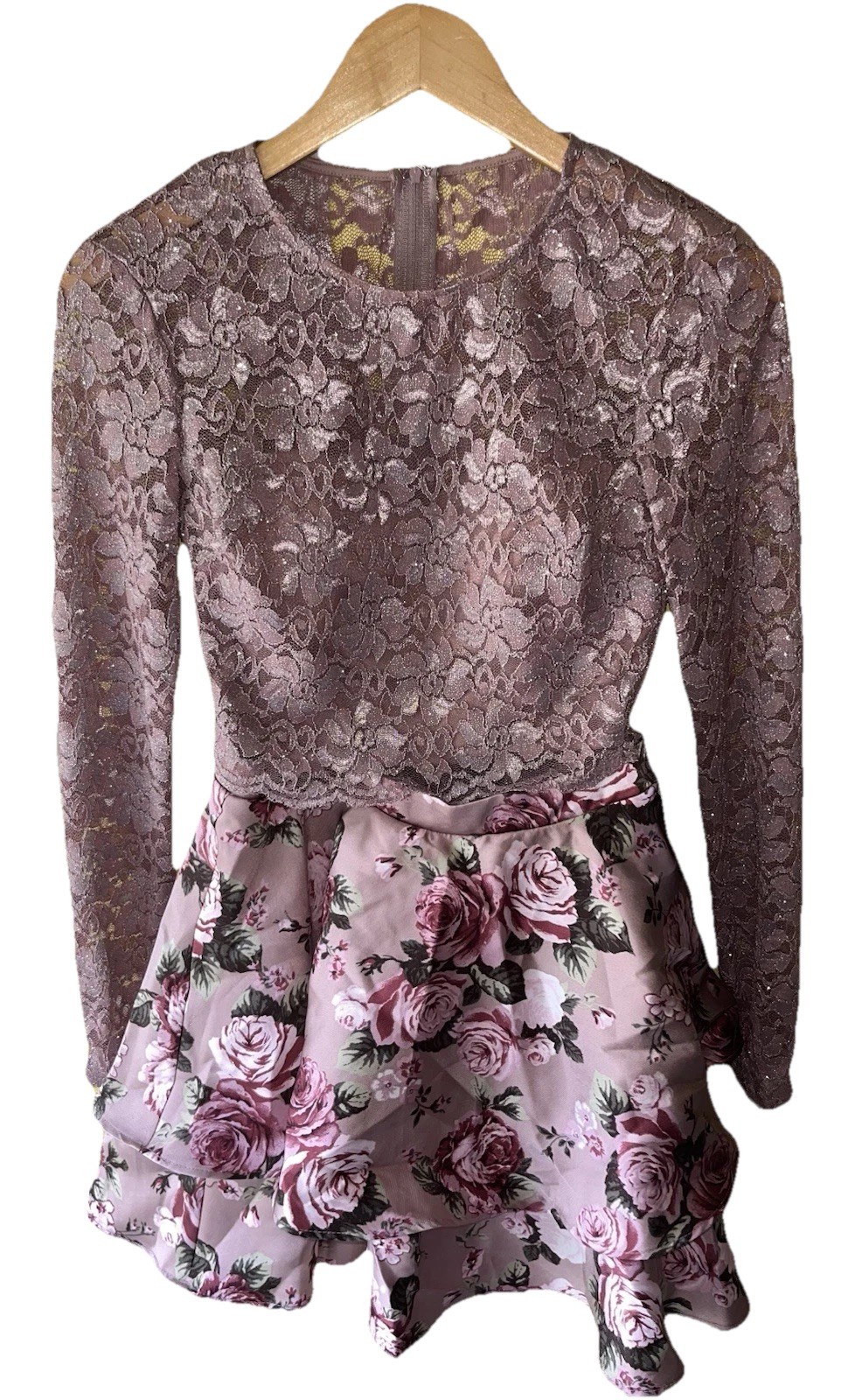 New Pink/Purple Lace Floral Two Piece “Dress” Long Sleeve