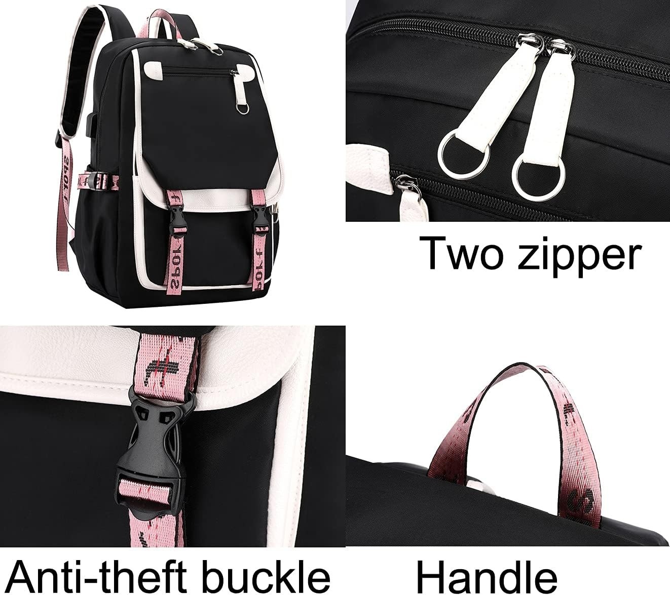 Black Middle School Backpack For Teen Girls Age 8-10 10-12 With Zipper Clearance
