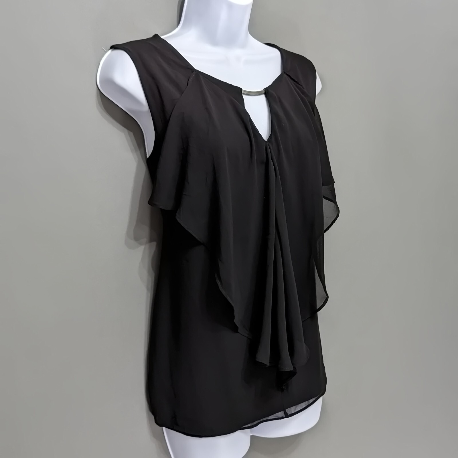 NY&Co Black Jersey Draped Chiffon Front Layer Top Metal Bar Keyhole Neck L