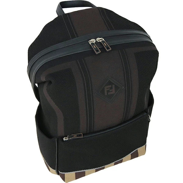 Auth Fendi Pecan Backpack Jacquard knit Leather 7VZ035 Black Brown Stripe Men