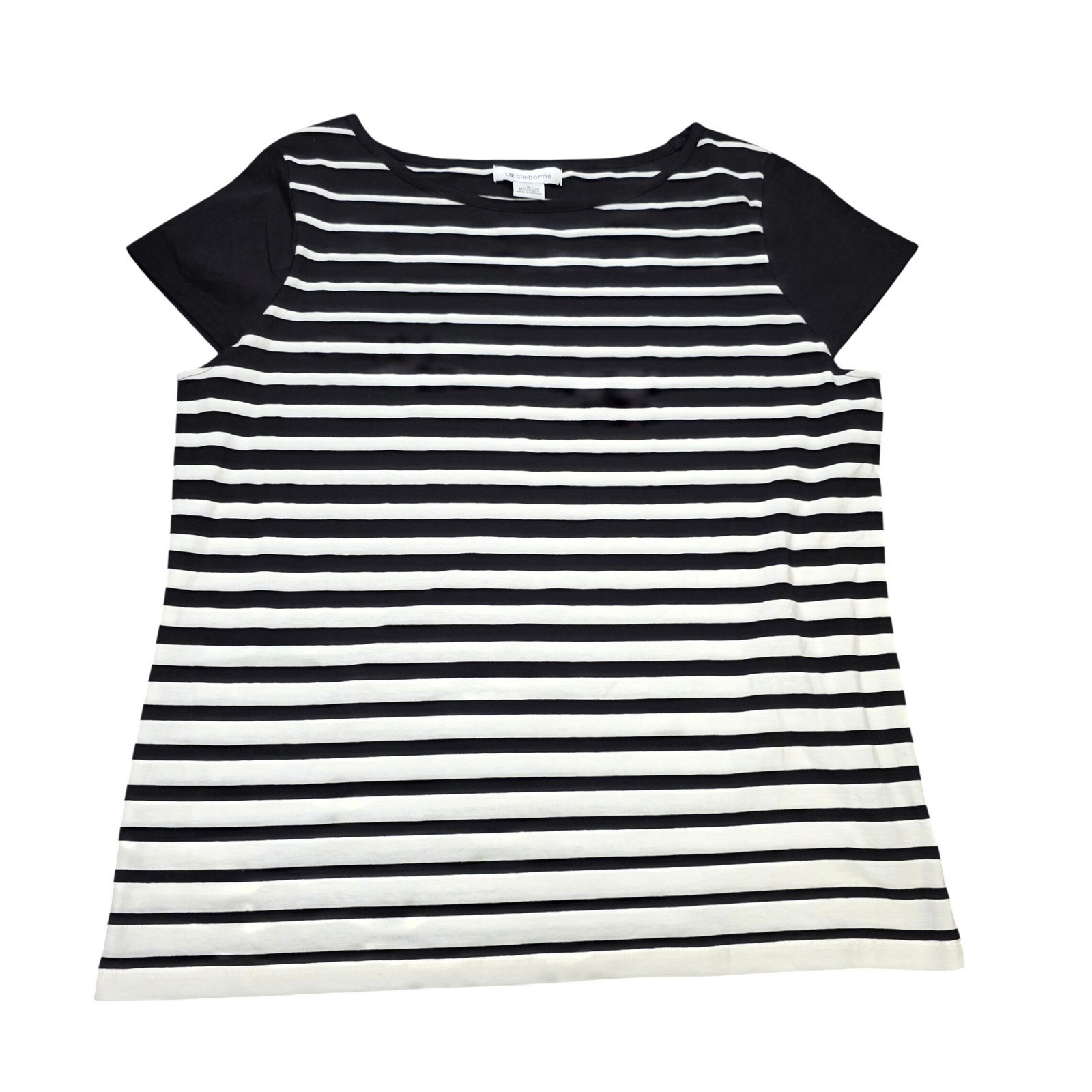 Liz Claiborne Striped Boat Neck Top Women’s Size L Black White Short Cap Sleeve