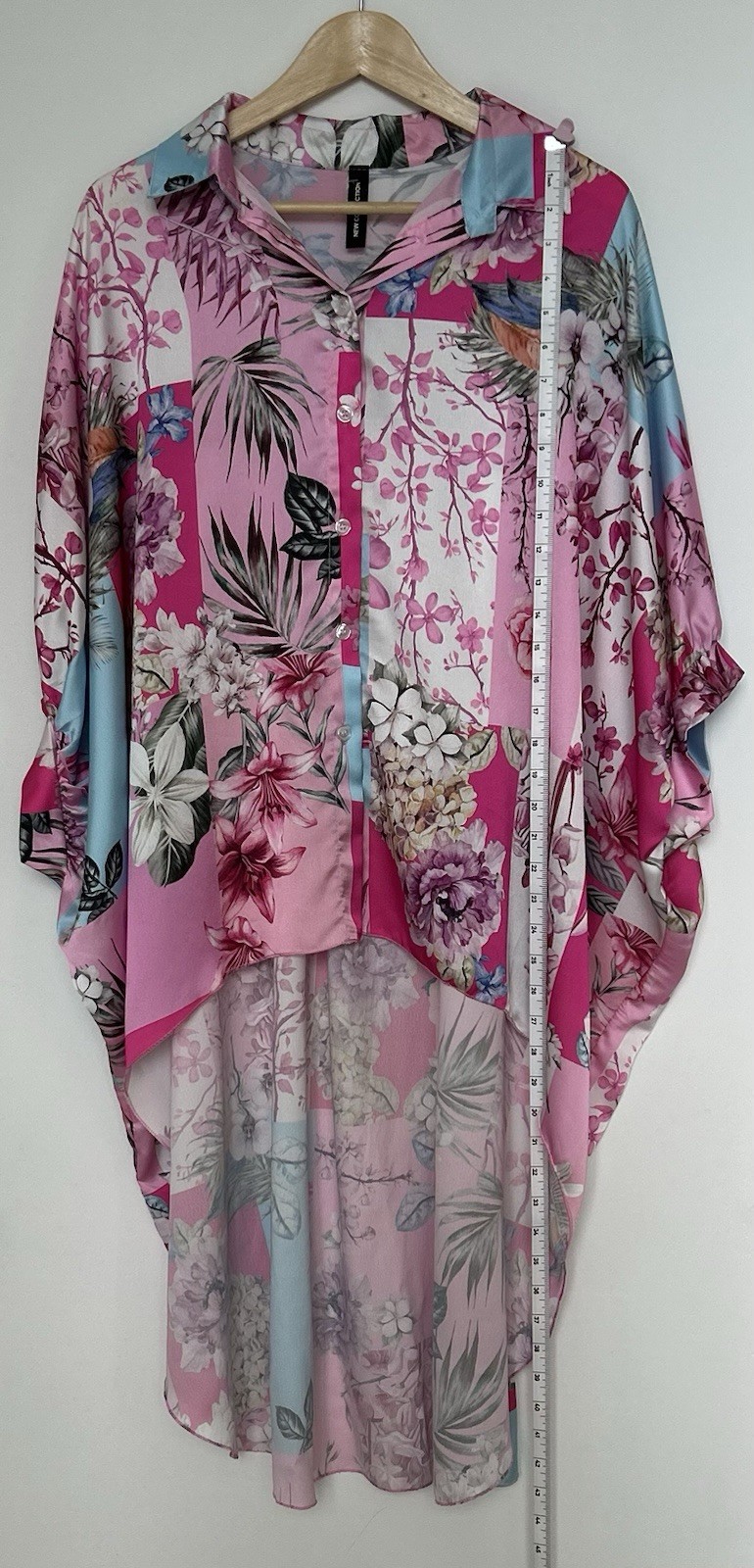 Made in Italy Floral Satin Button Front High-Low Blouse Shirt OS NWOT