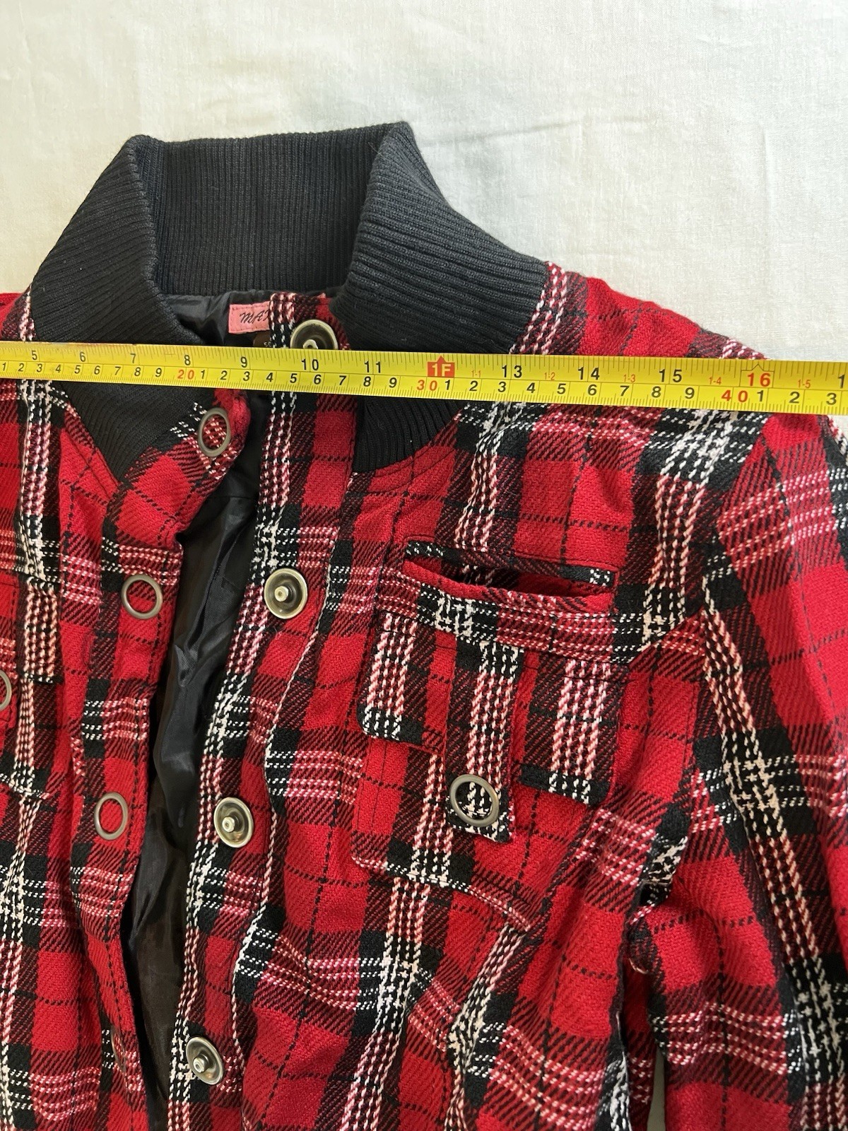 Vintage Red Black Plaid Bomber Jacket Snap Front Ribbed Trim Retro Punk L