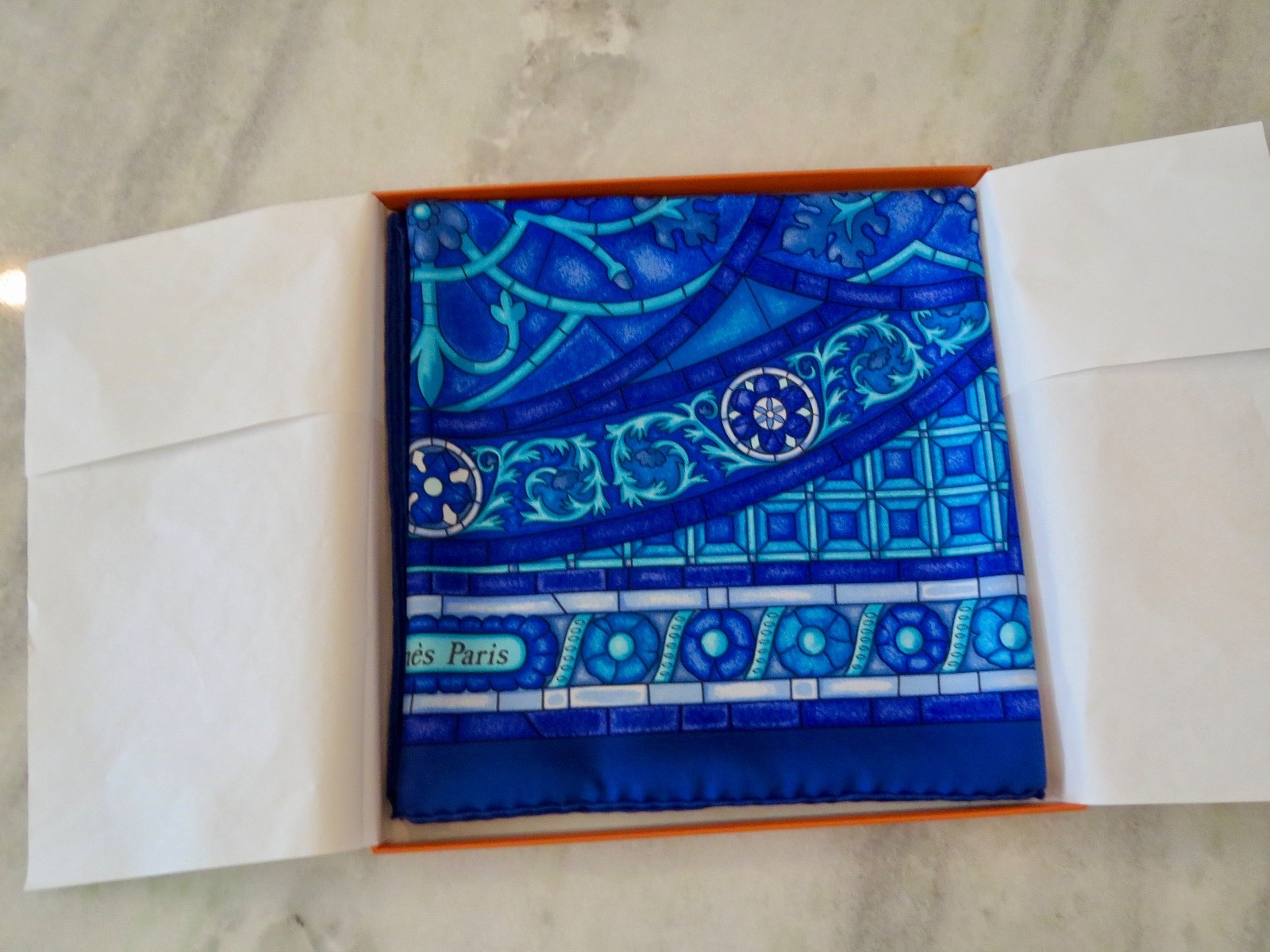 New in Box HERMES SCARF “Lumieres de Paris” Bright Blue Square Scarf 35″