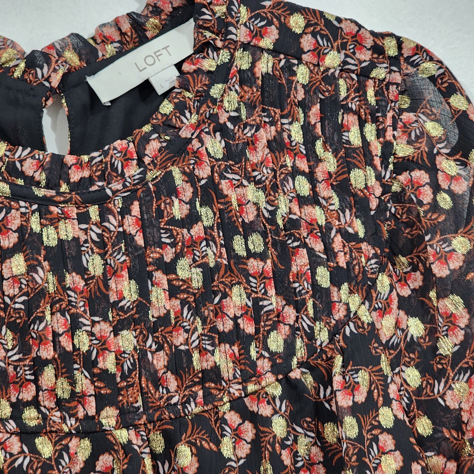LOFT Shimmer Vine & Geo Clip Pleated Yoke Tops Set Womens L Long Sleeve Sheer