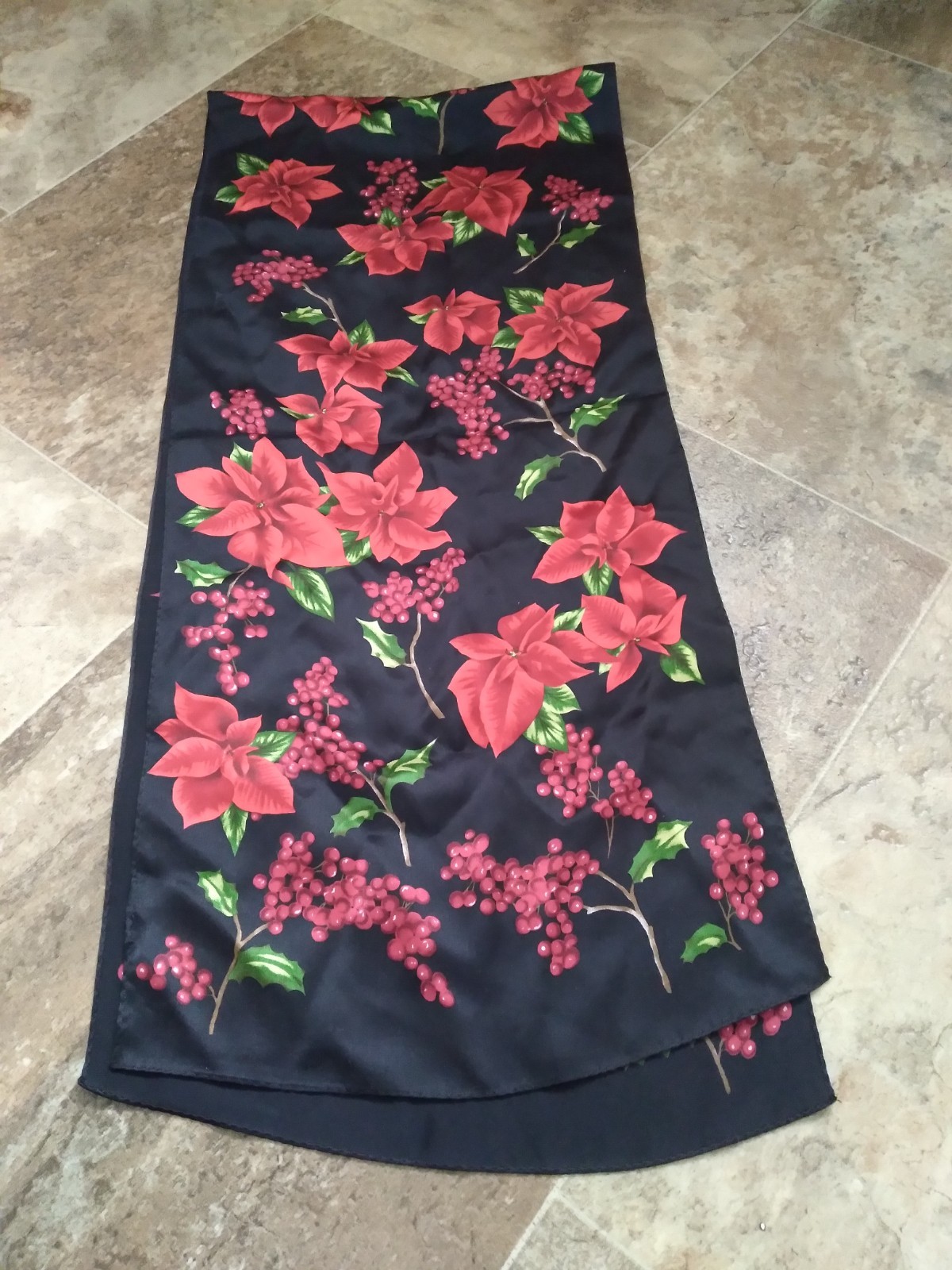Vintage Floral Print Scarf Poinsettias Holly Berry Black Red 11 x 52