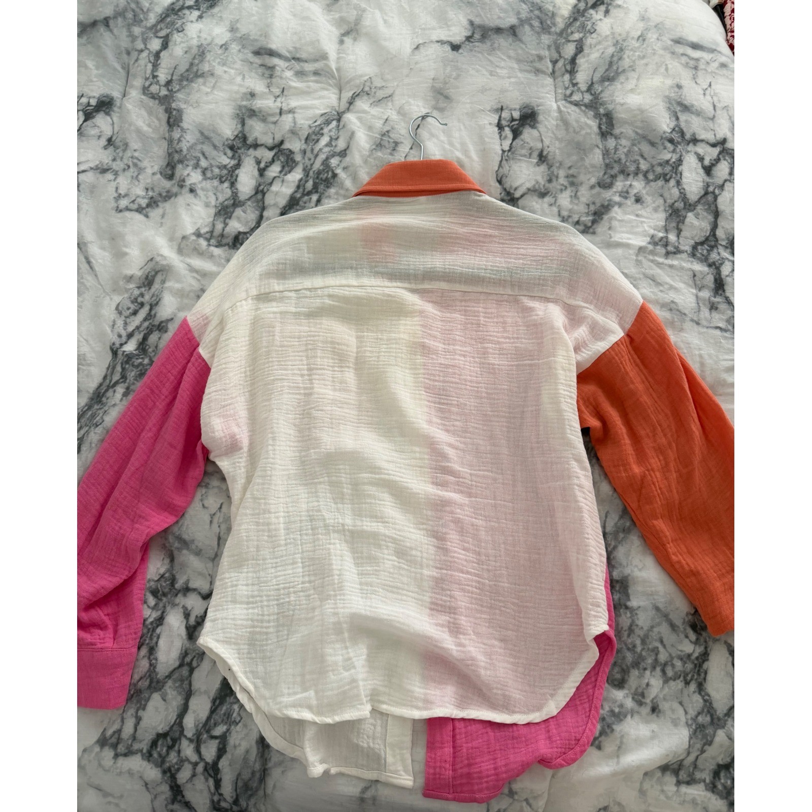 Womens Colorblock Gauze Button Up Shirt Pink Orange White Oversized Small