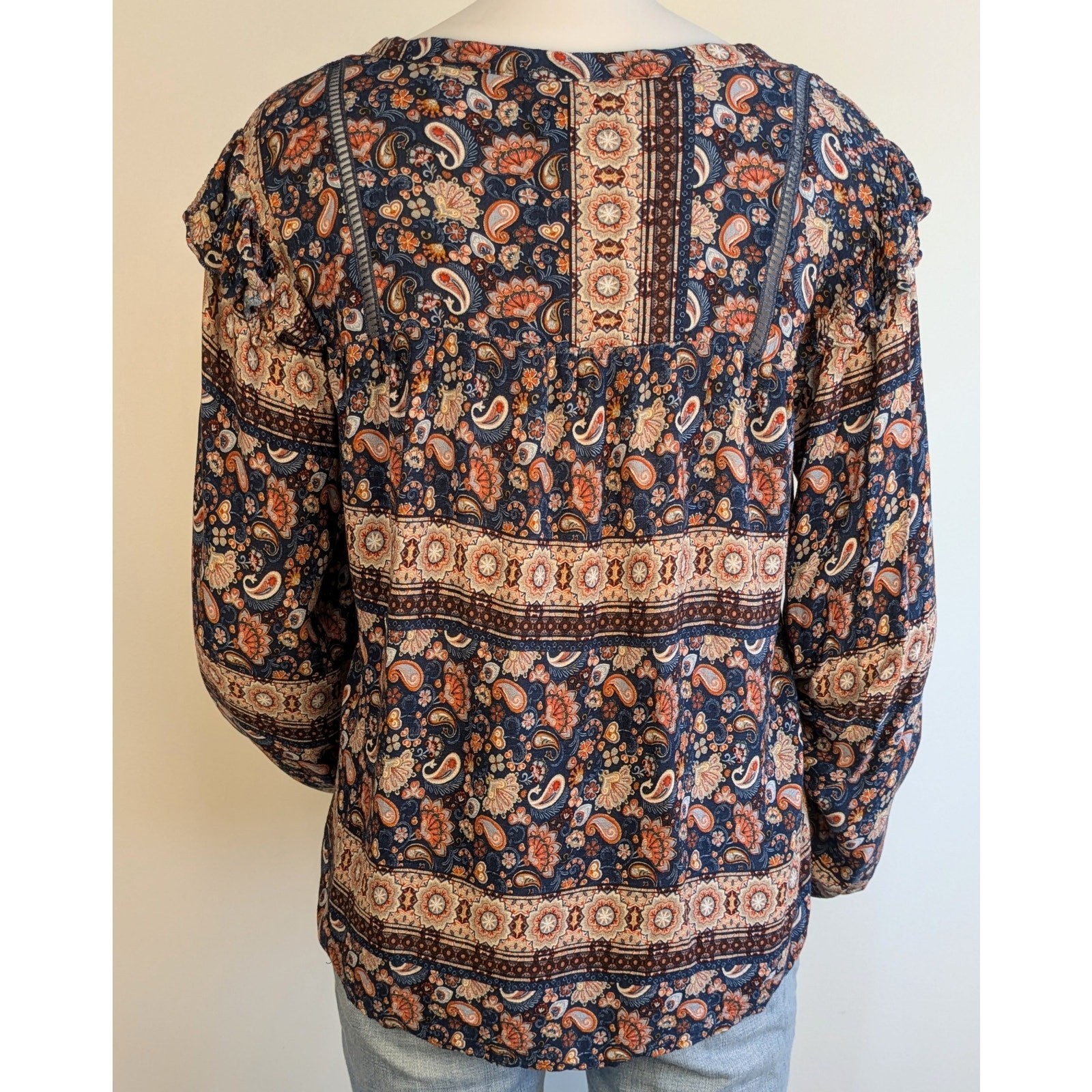 Wonderly Boho Top Large Brown Blue Paisley Stripe Gold Split Neck Flowy Peasant