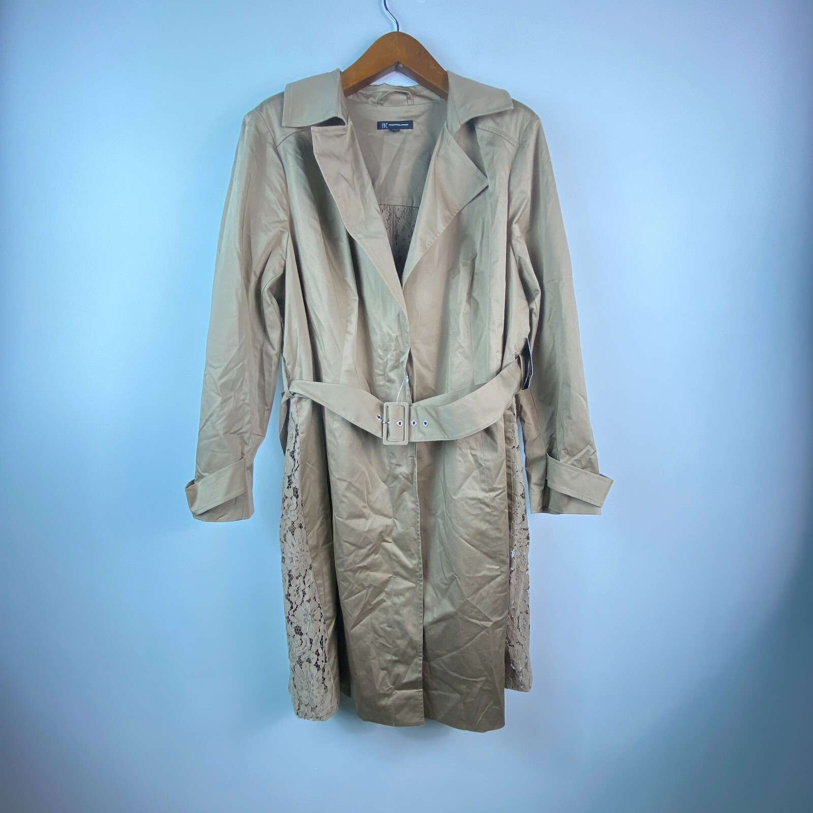 INC Womens Plus 0X Doe Tan Lightweight Lace Back Spring Trench Coat NWT BD35