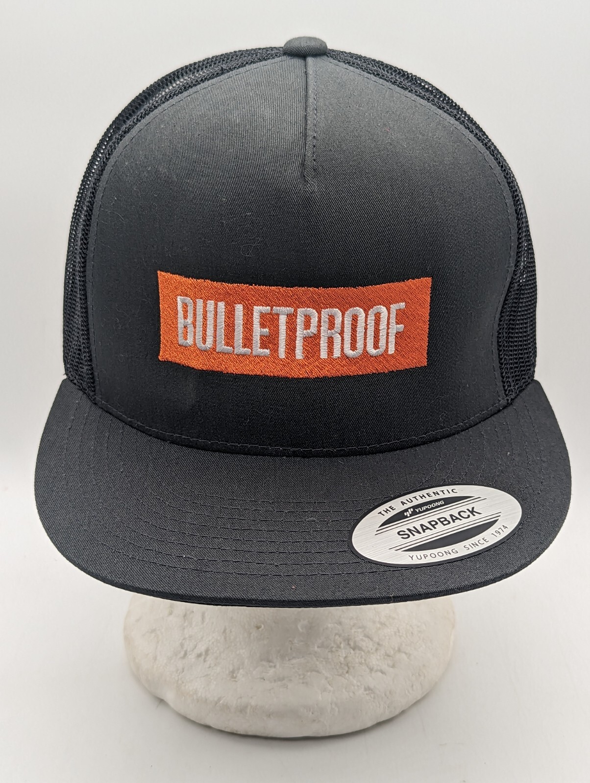 Bulletproof Embroidered Stiff Crown Mesh Black Gray Snapback Hat Streetwear