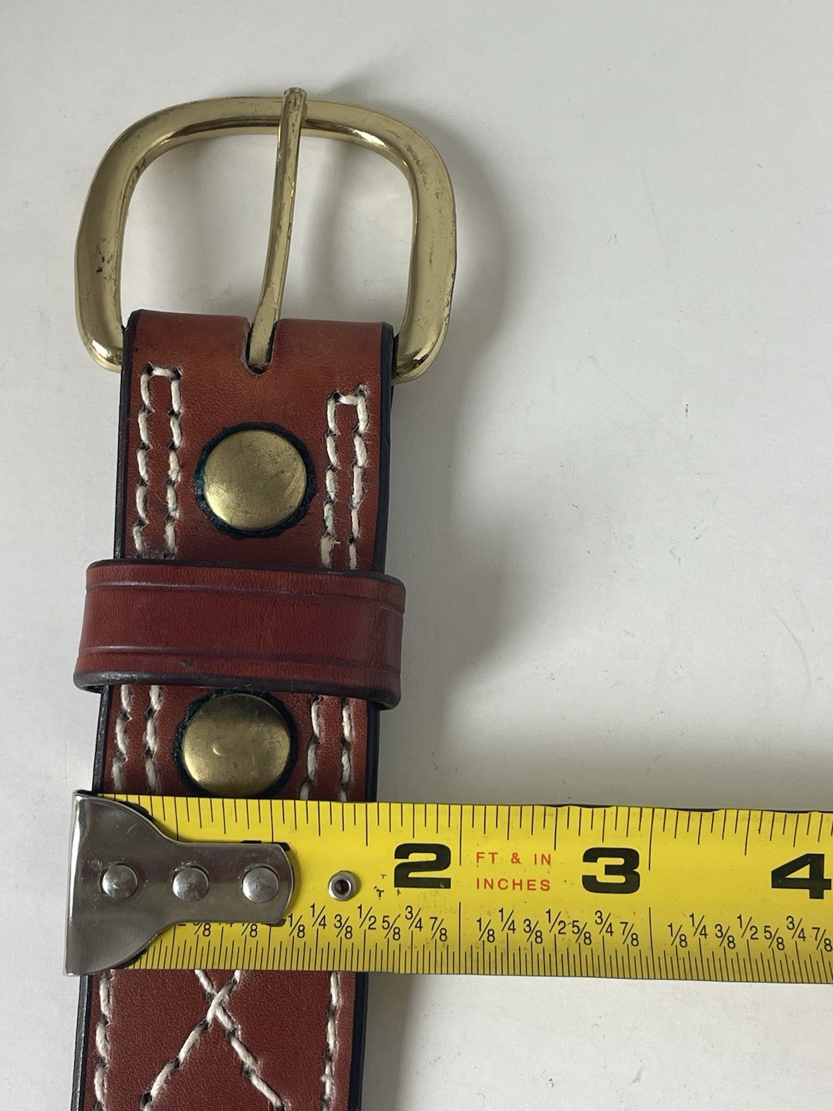 Triple K Leather Stitched Belt Size 38 Brown Brass Colored Buckle With Loop USA
