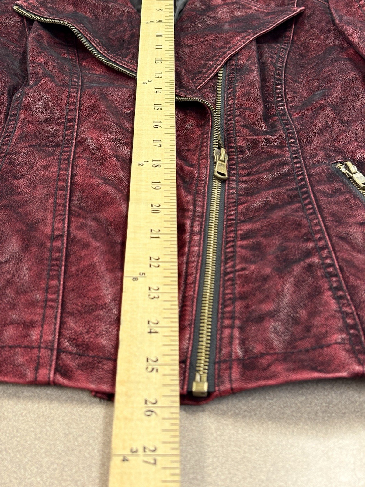 Burgundy Blood Red Moto Jacket Faux Leather Zippers Biker Rock Goth Small