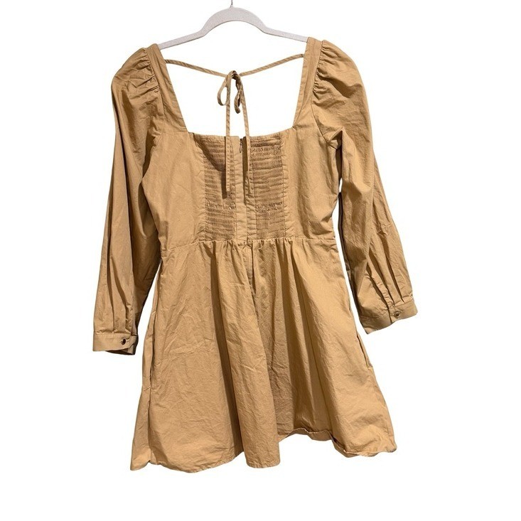 🌟 By Anthropologie Square-Neck Poplin Mini Dress Beige Long Sleeve Size Medium