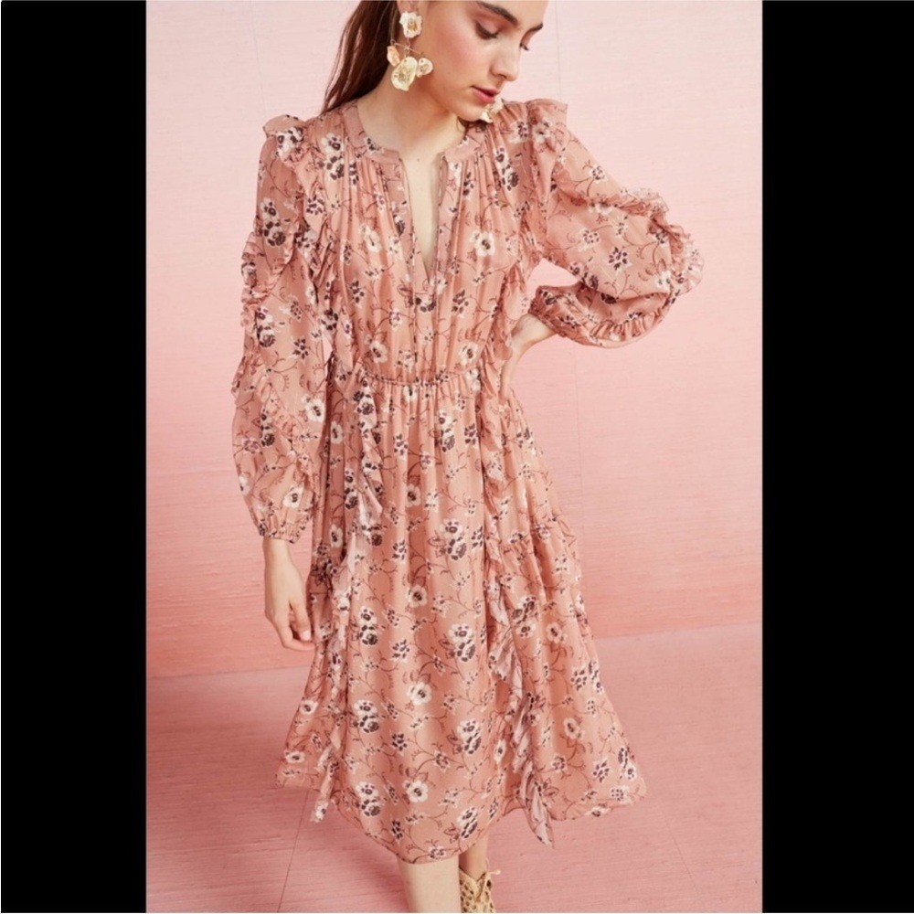 New ULLA JOHNSON Floral Silk Ellette Midi Dress Cafe Size 4 Metallic Romantic