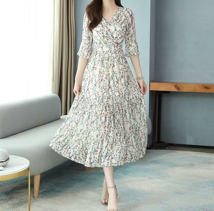 Women’s Floral Print V-Neck 3/4 Sleeve Beach Chiffon Long Maxi Dress Slim New
