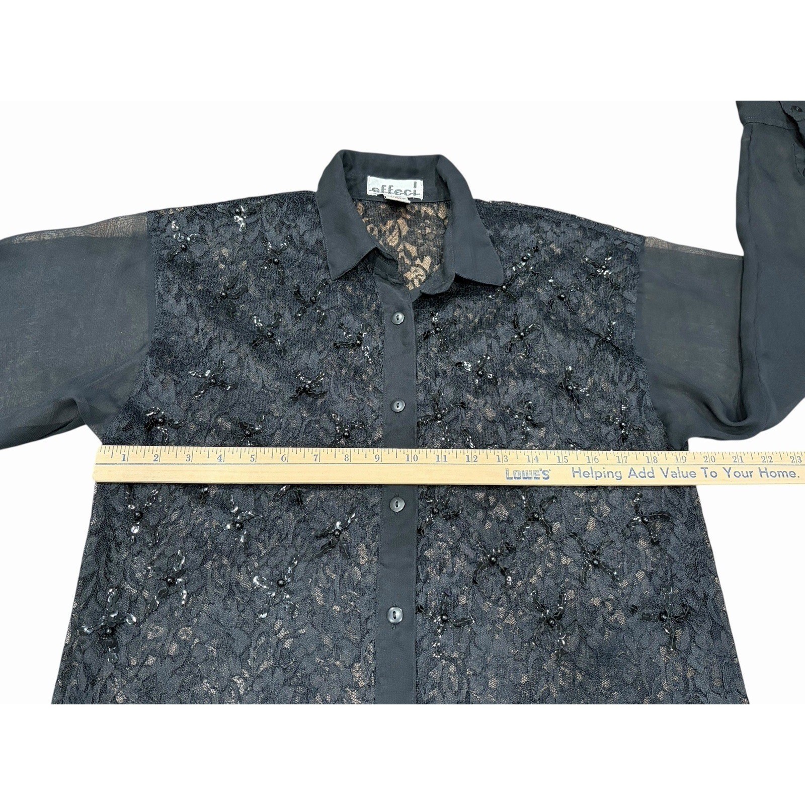 Effeci Womens Lace Sheer Button Up Top Sequins Gothic Dark Romantic Black Small