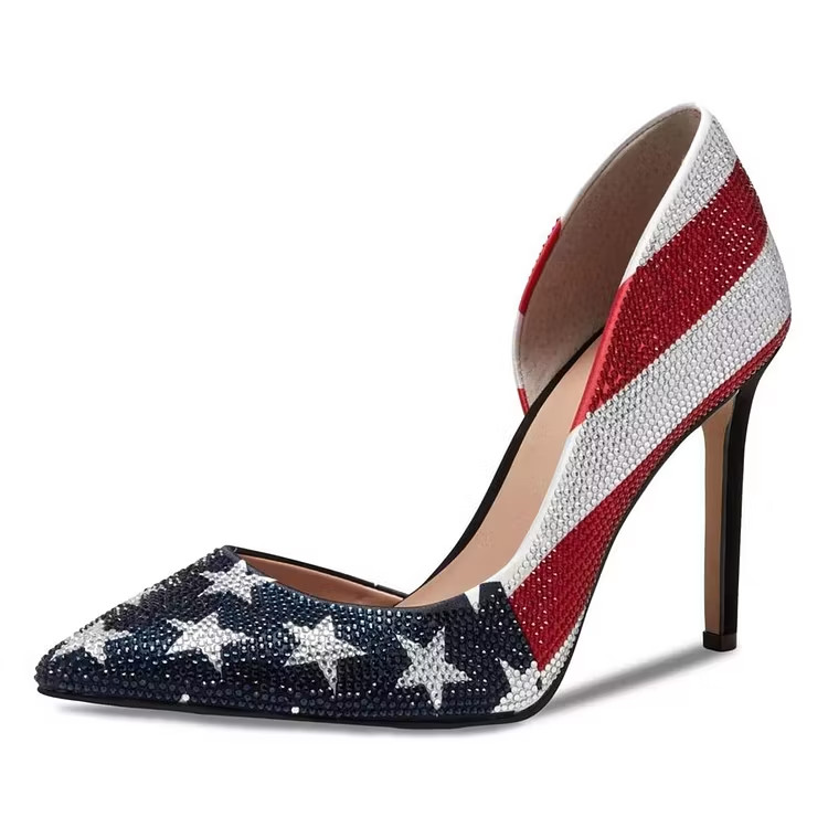 Red and Navy USA Flag All-Over Rhinestone Pointed Toe Pumps Heels – All size