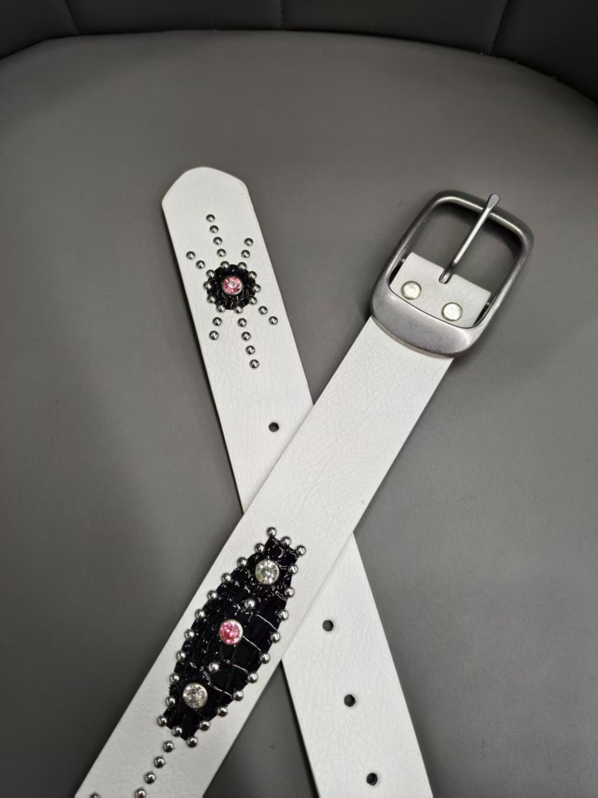 White Western Rhinestone Studded PU Leather Belt – Y2K Cowgirl Bling Buckle Wais