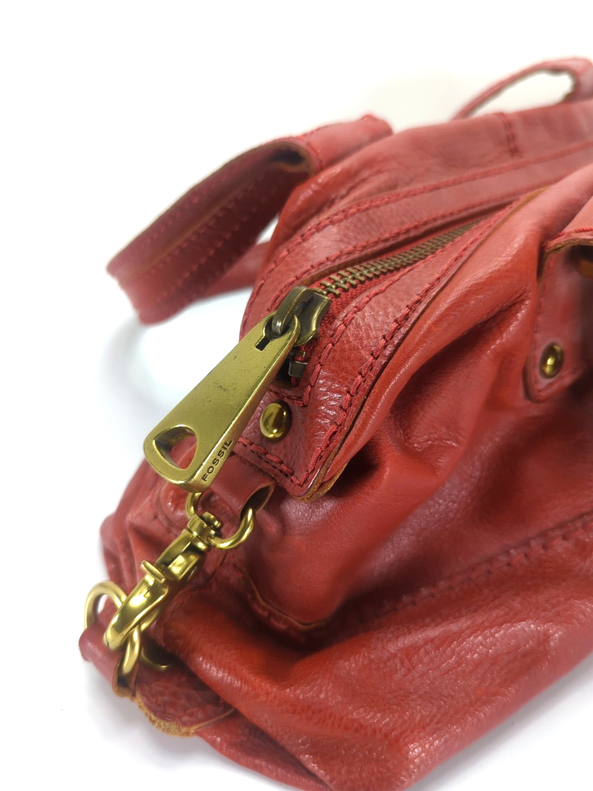 Fossil Fifty Four Handbag Double Handle Red/Tan Gold Tone Hardware 9″H Used