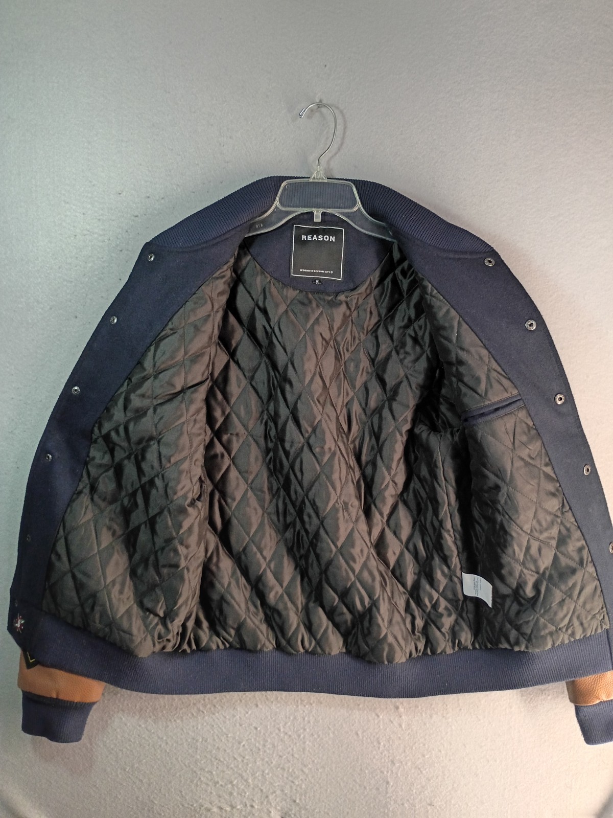 Reason Clothing Kingdom Varsity Jacket Adult Medium Navy Brown Faux Leather