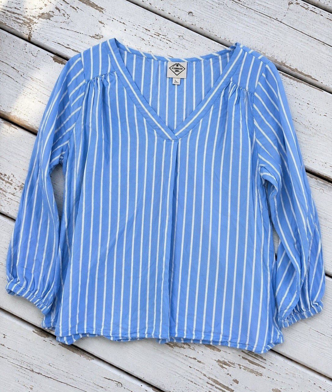 St John’s Bay Blue White Stripe Rayon V Neck 3/4 Sleeve Blouse L