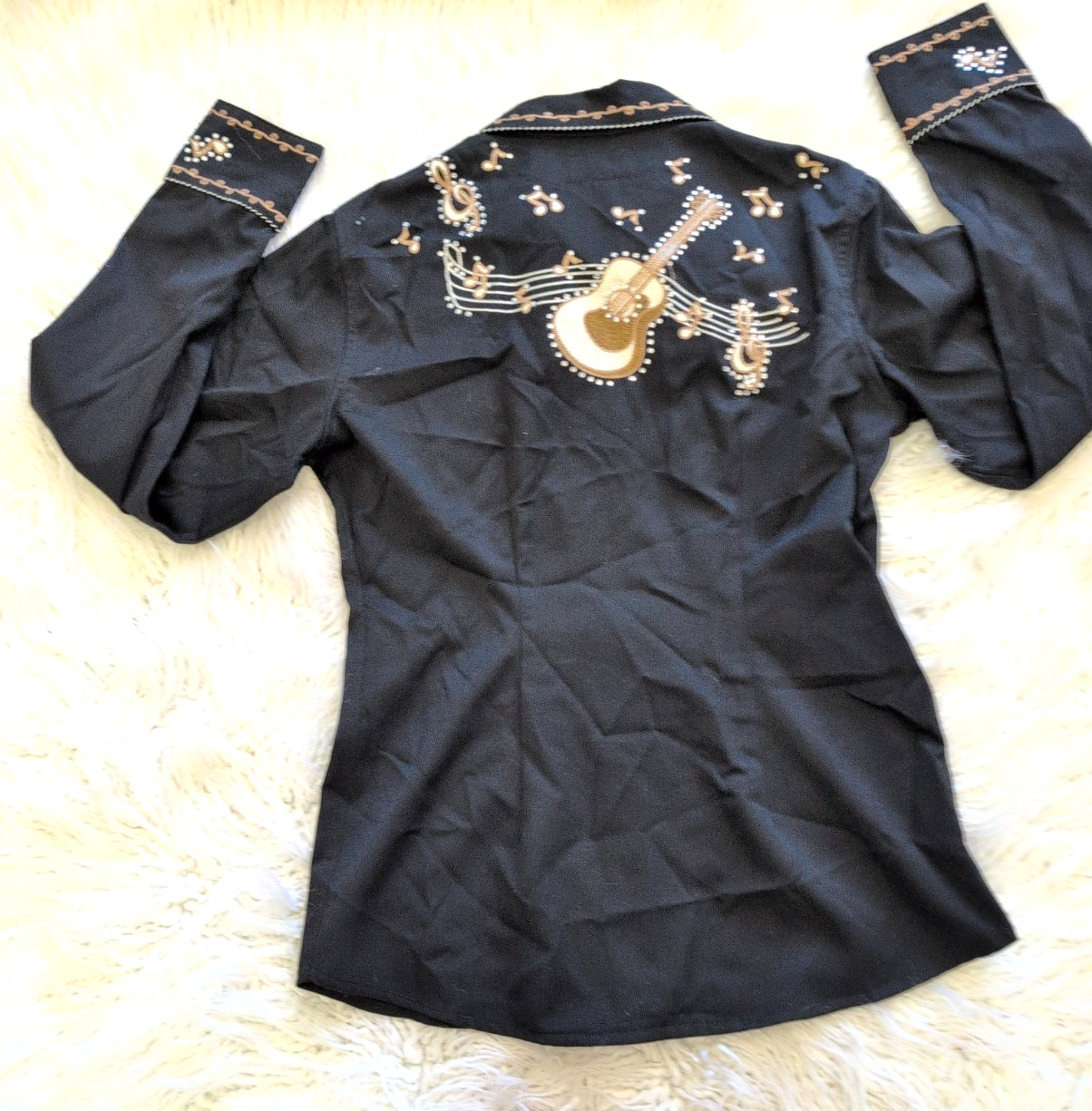 Panhandle Slim Western LS Shirt Womens L Black Guitar Pearl Snap Embroidered