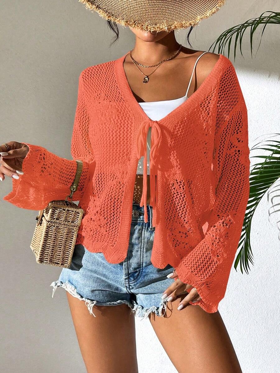 Women’s White Tie Front Cardigan Openwork Crochet Beach Cover Up Sweater