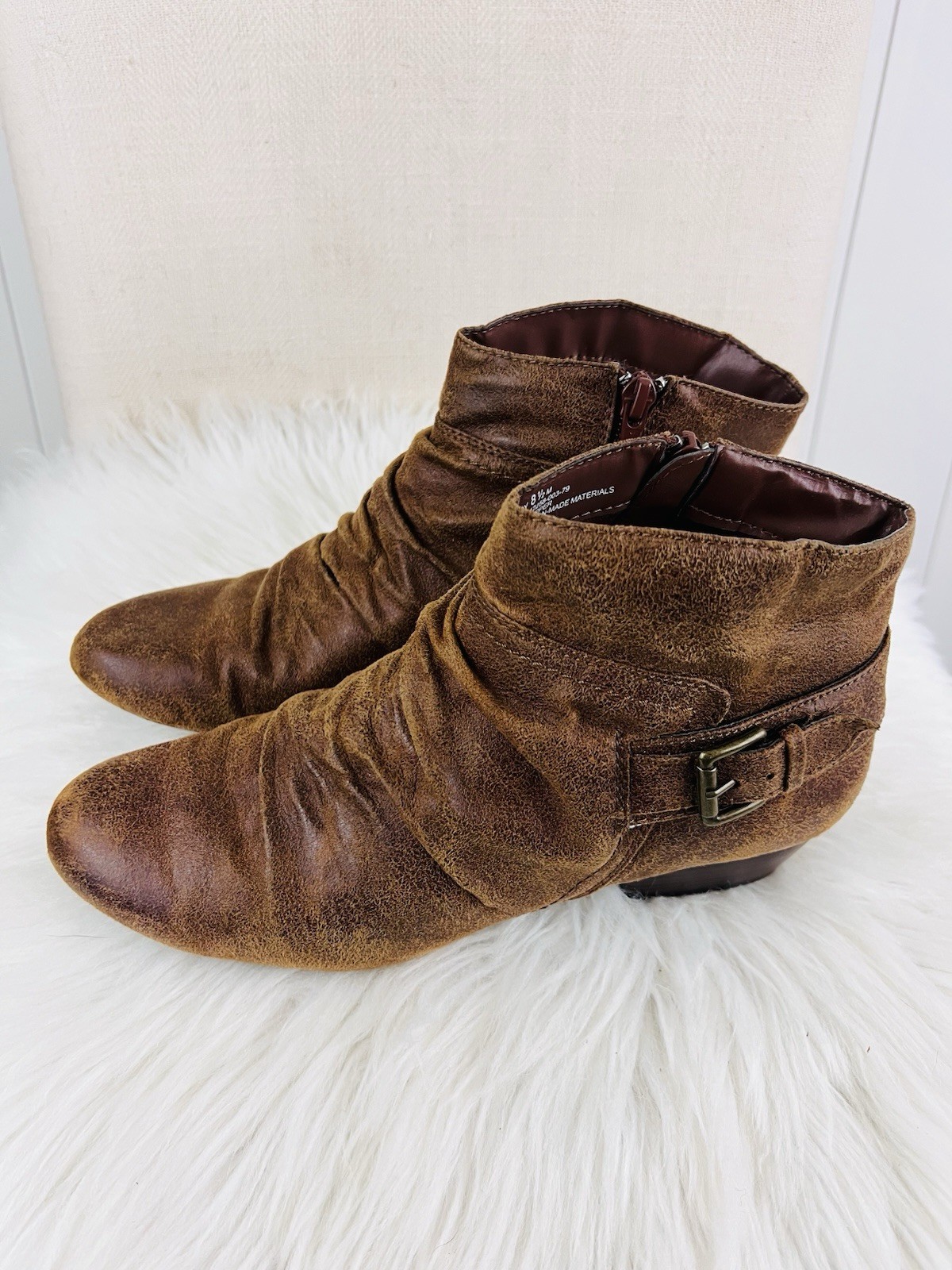 Kim Rogers Terry Brown Ankle Boots Slouched Ruched Buckled Booties 8.5M