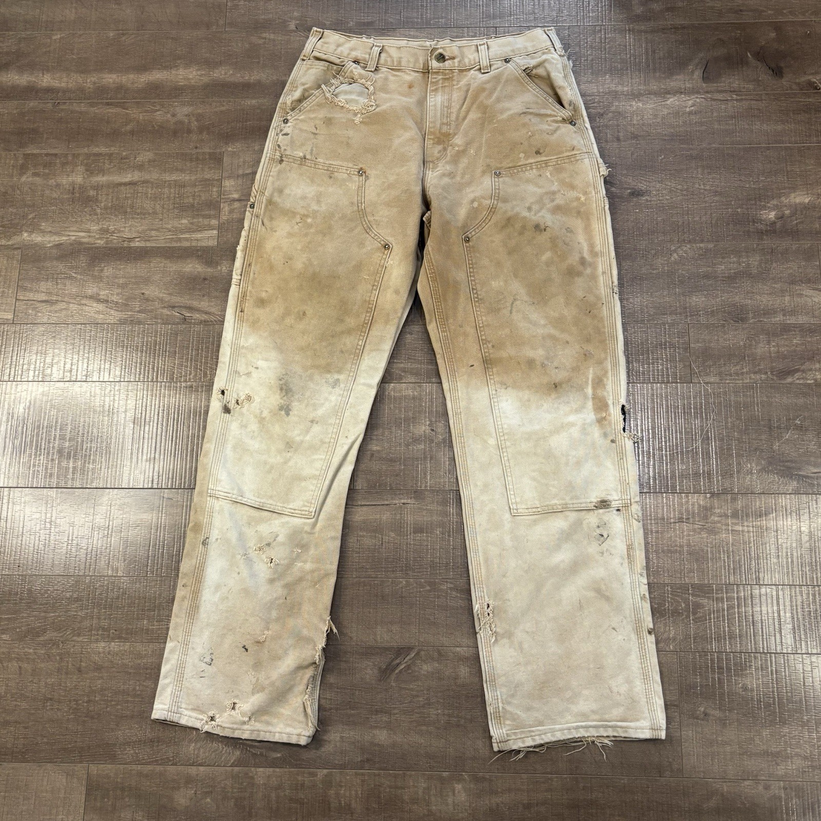 CARHARTT Double Knee CARPENTER PANTS 32X34 B136 BRN Tan THRASHED vtg FADED F6