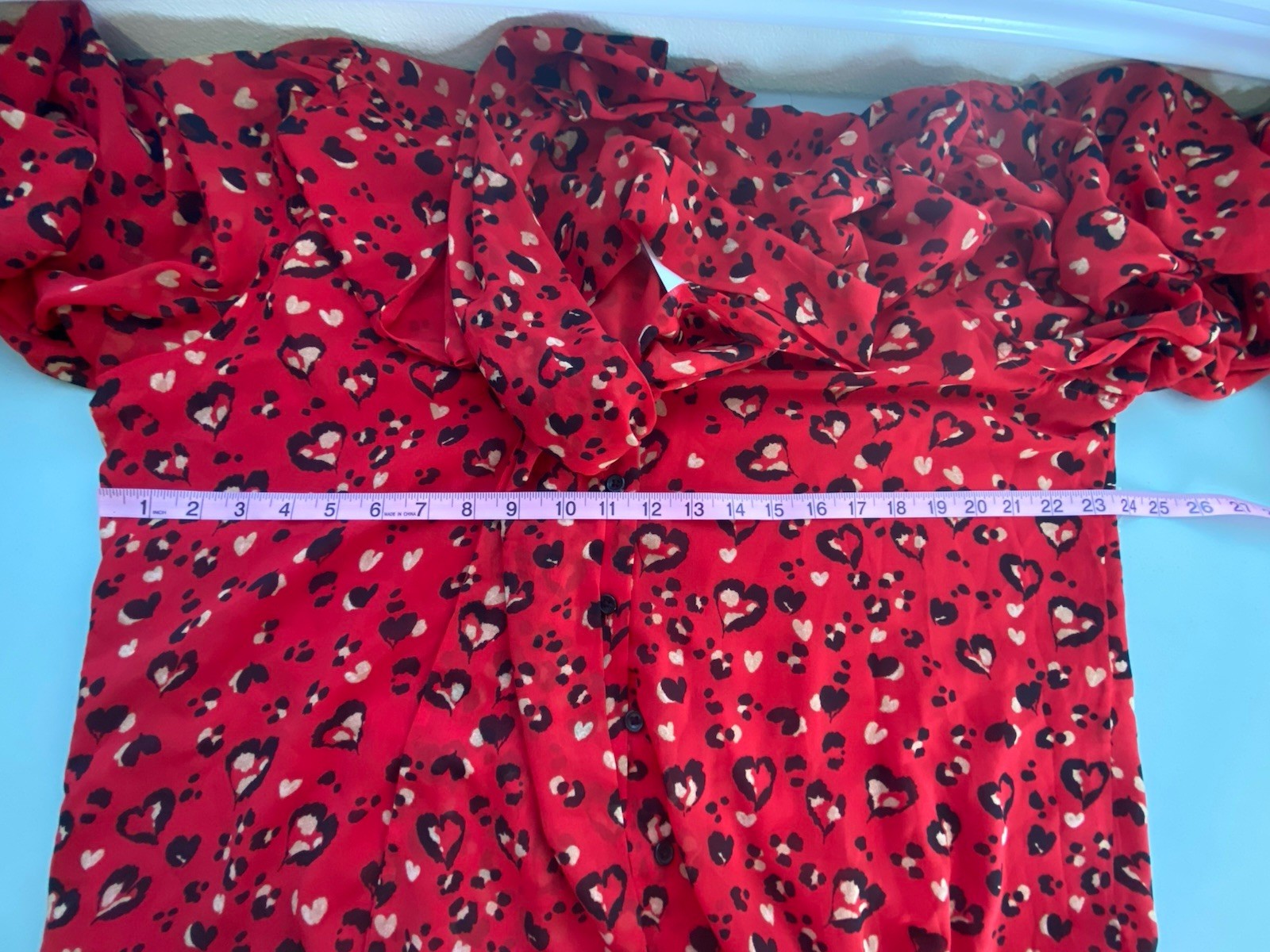 Chico’s Blouse Womens 3 Red Leopard Heart Sheer Top Tie Neck Long Sleeve NWT