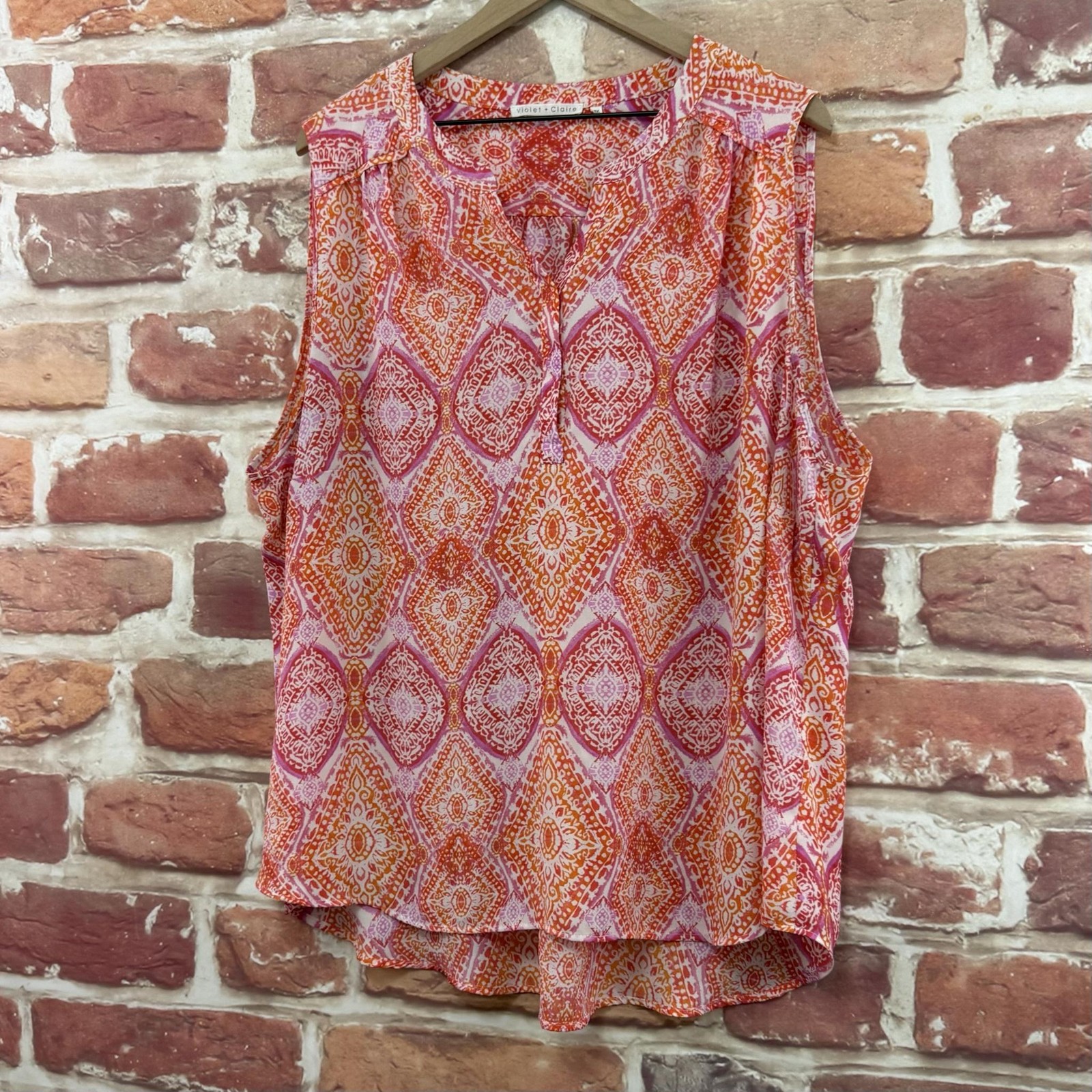 Violet + Claire Top Womens 3X Orange Boho Floral Abstract Casual Tank Shirt