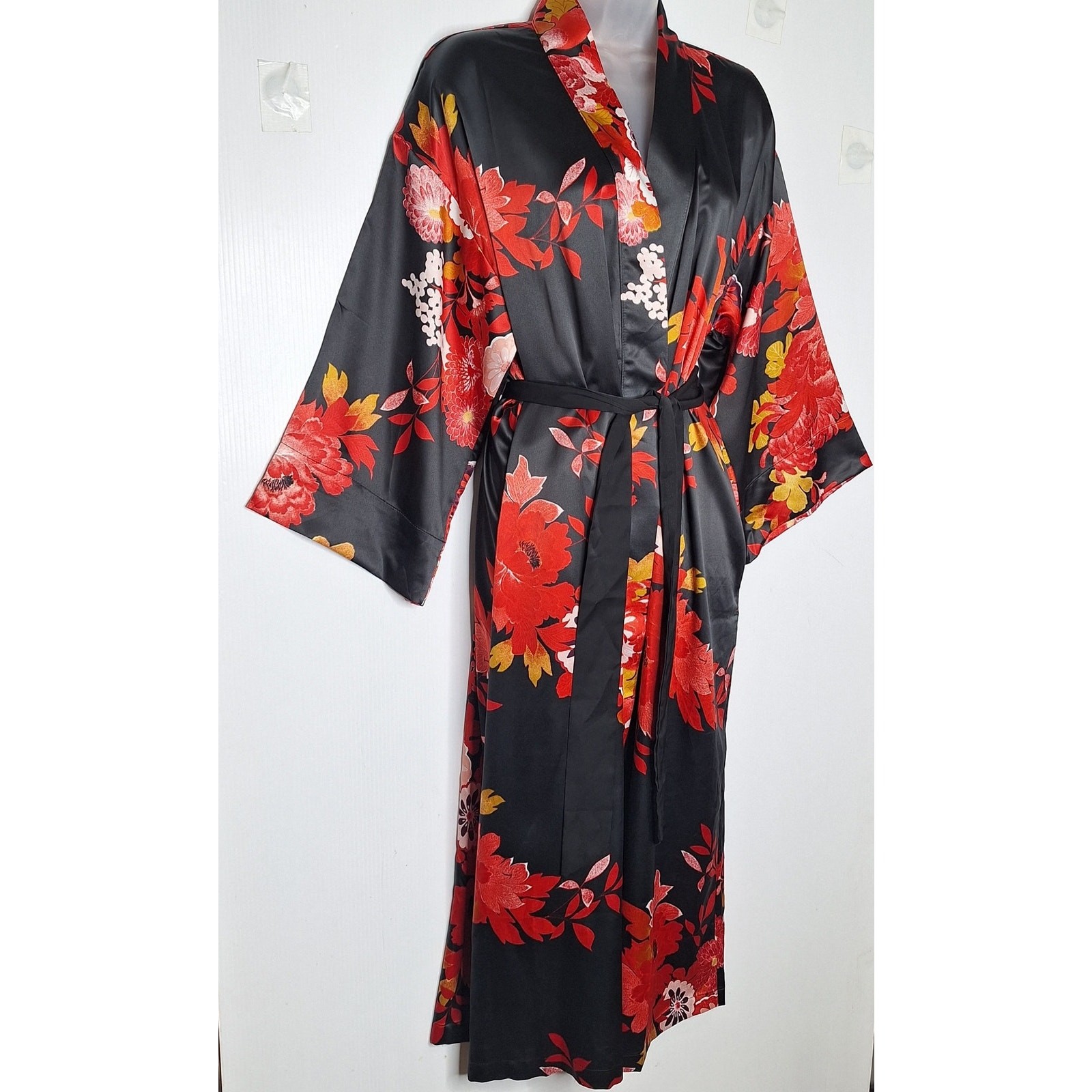 Natori Empress Satin Floral Kimono Robe Mid Length Long Medium Belted Glam Wrap
