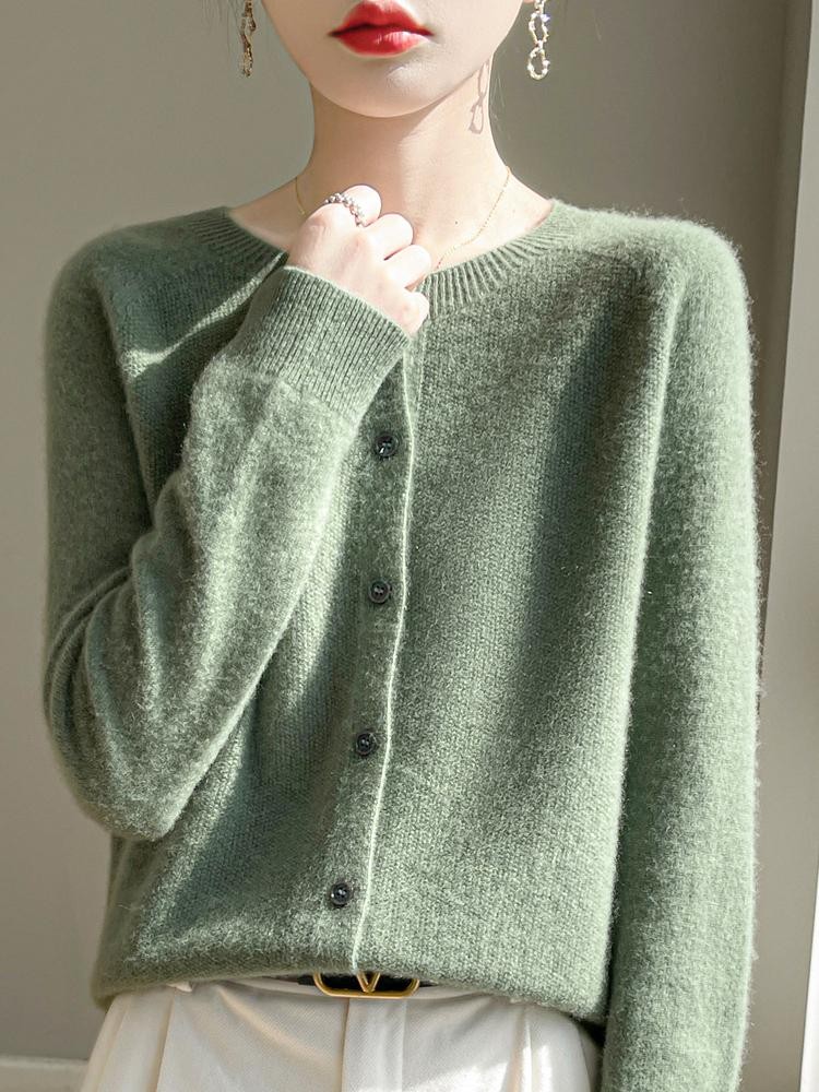 Women 100% Merino Wool Cardigan O-neck Button Knit Cashmere Sweater Top