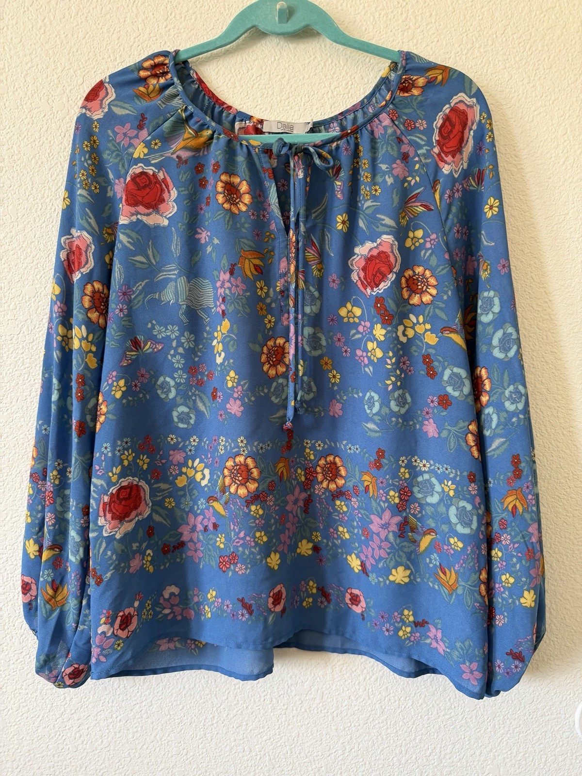 Dalia Women’s Blue Floral Long Sleeve Peasant Blouse Tie Neck Boho Top Size L