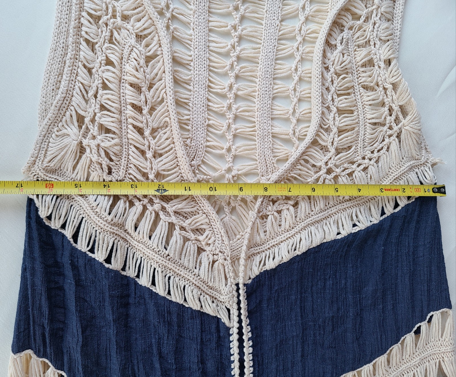 Cream & Blue Crochet Duster Over Wrap. Boho, Hippie Sz: M, Vivid Importers Of NY