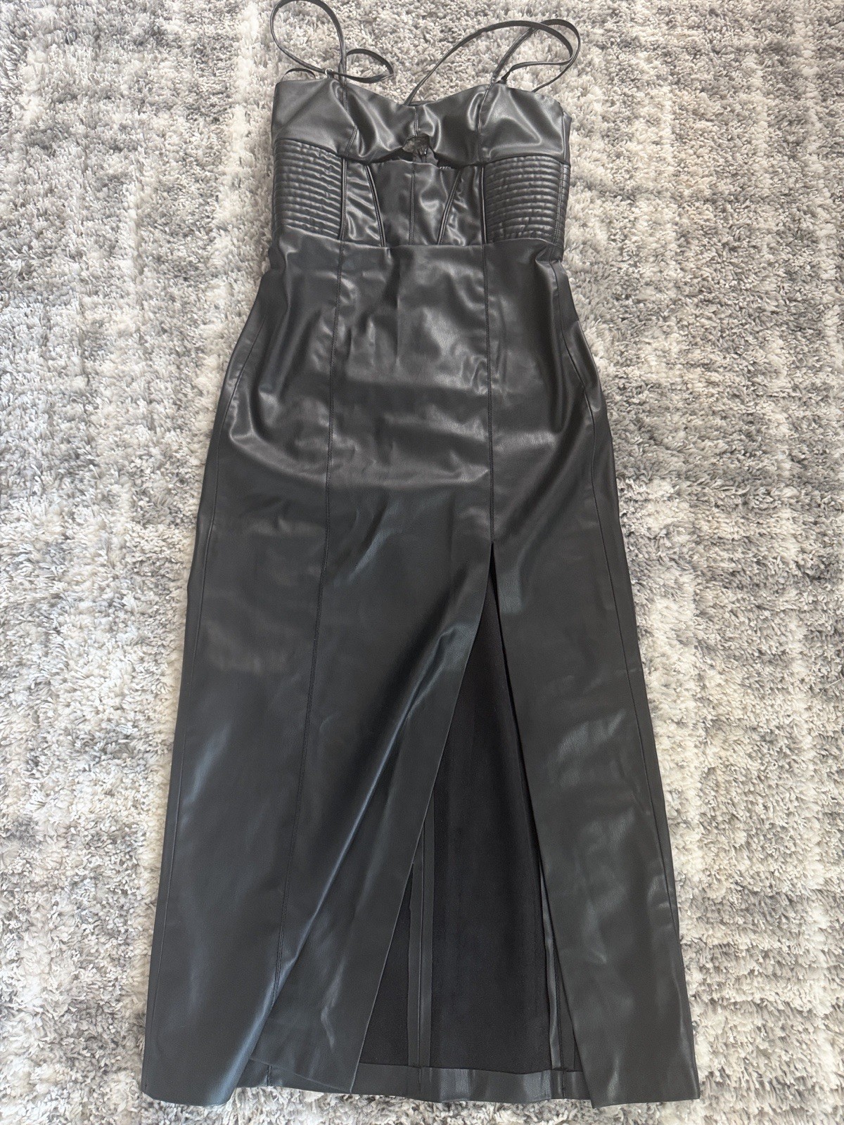 Zara Black Faux Leather Sweetheart Strappy Sleeveless Pencil Midi Dress S