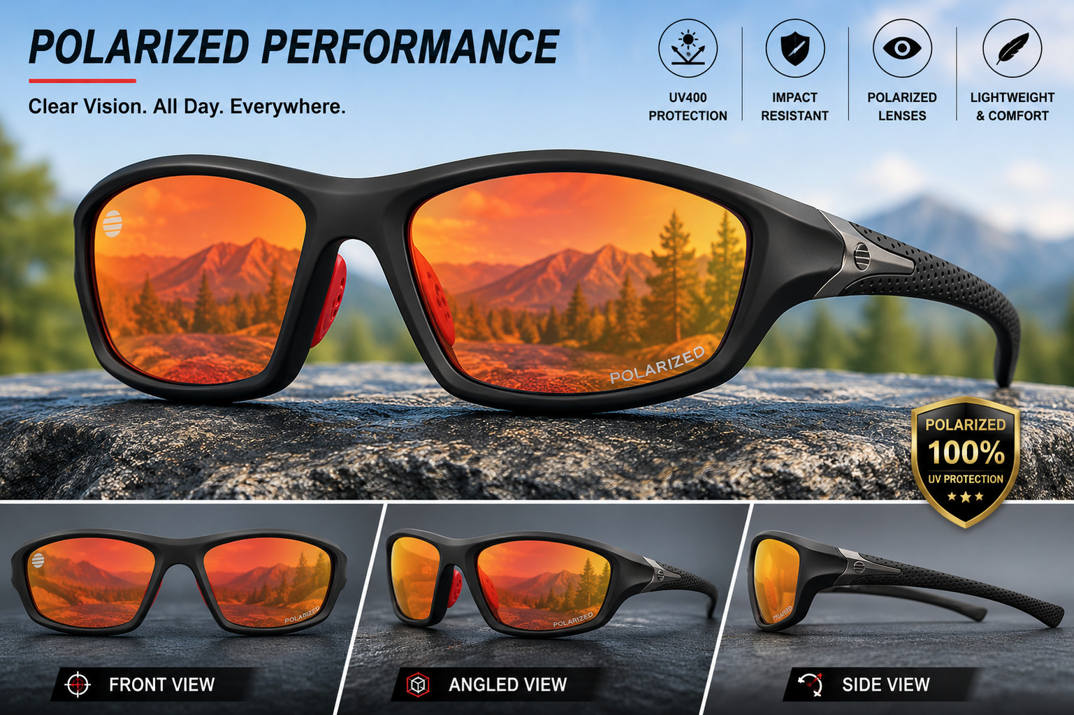 Polarized Lens Sports Sunglasses w/Premium Soft Touch Finish USA Fast Shipping