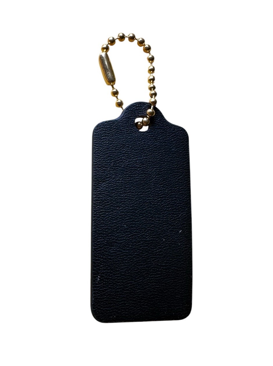 Authentic Coach New York Black Leather Hangtag Gold-Tone Chain Bag Charm 2.25”