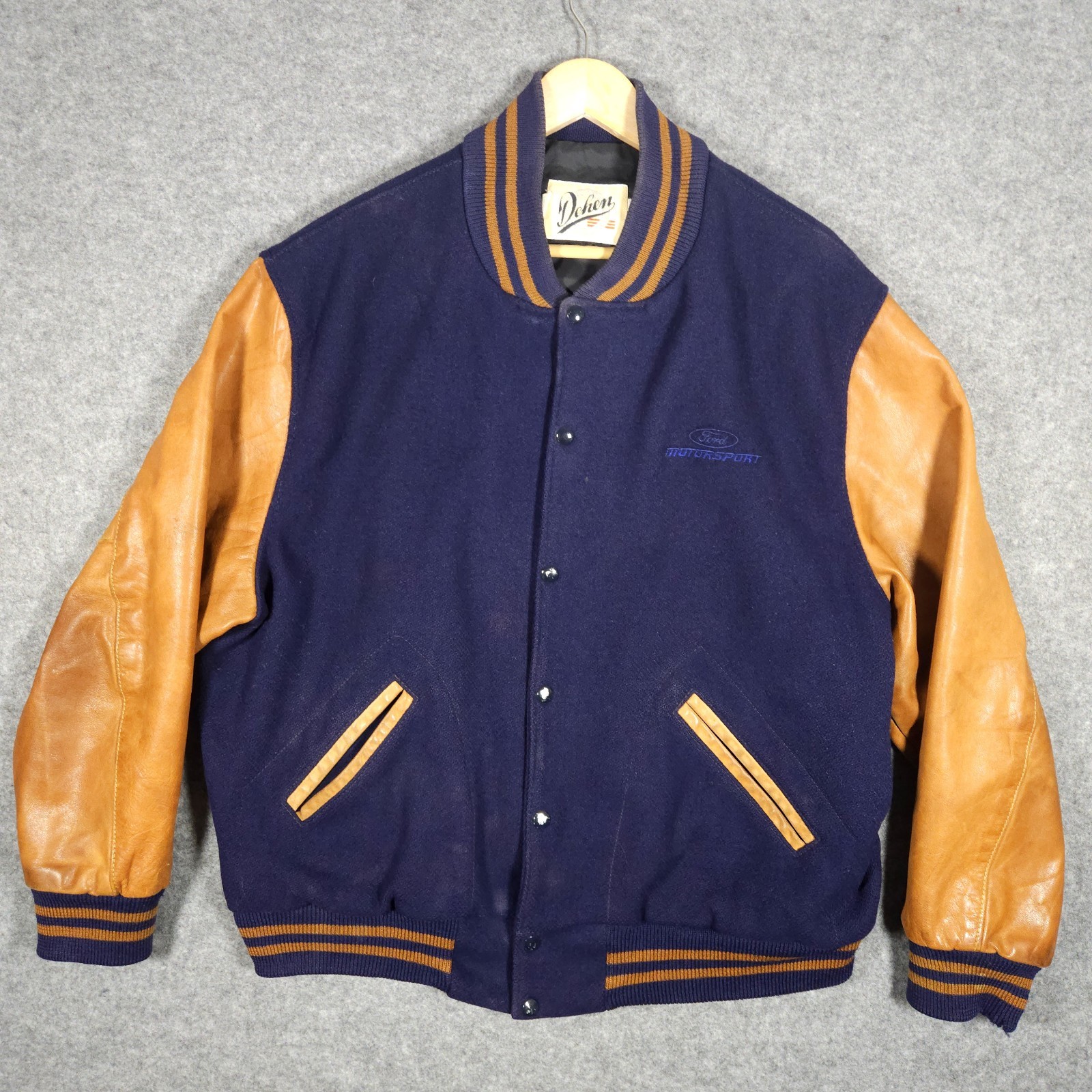 Dehen Varsity Jacket Mens XL Wool Brown Leather Made in USA Ford Logo Portland