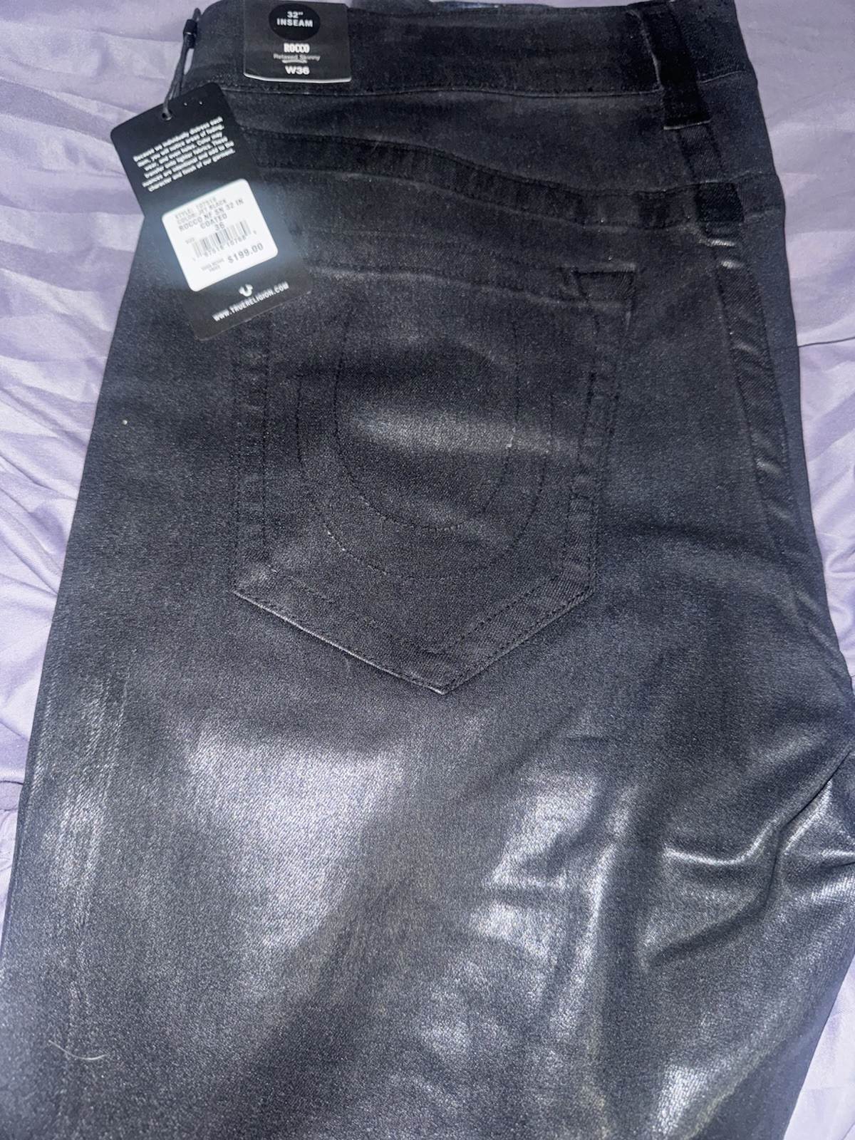 True Religion Men’s Relaxed Skinny Coated Black Denim Jeans Mid Rise 5-Pocket