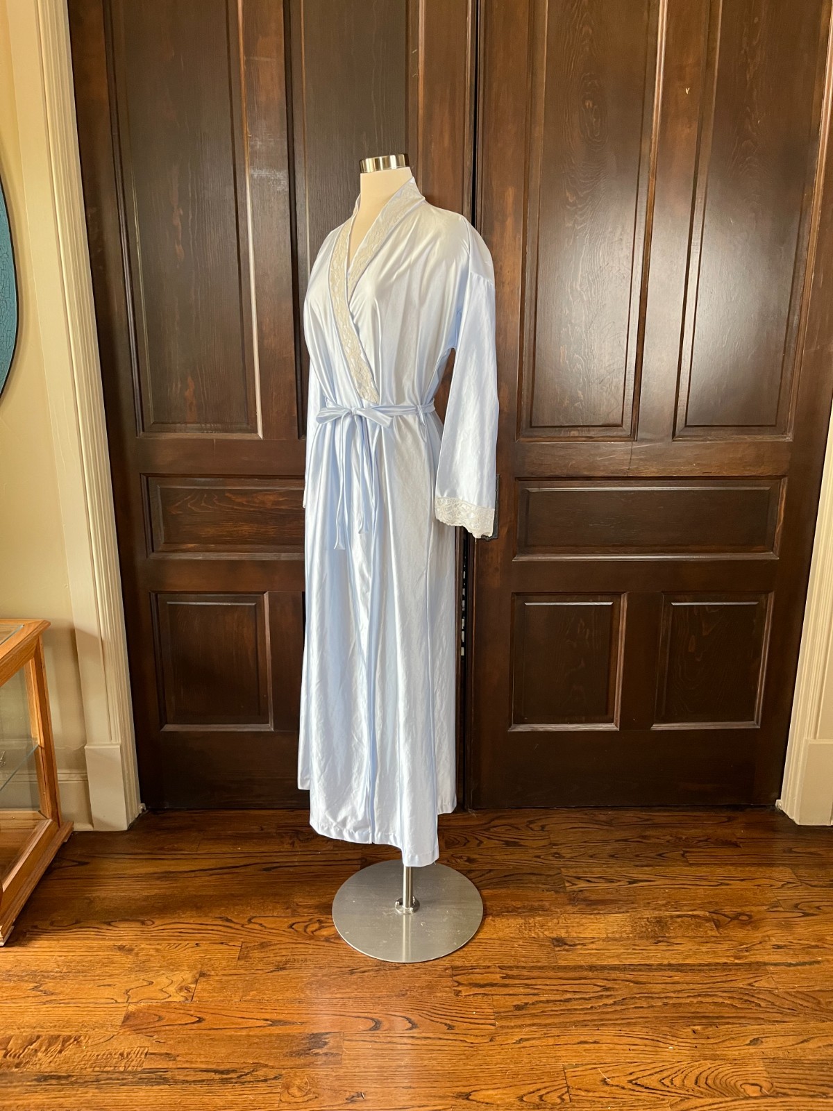 Heather Collection Women’s Long Sleeve Robe Size S Lace Trim Light Blue USA Made