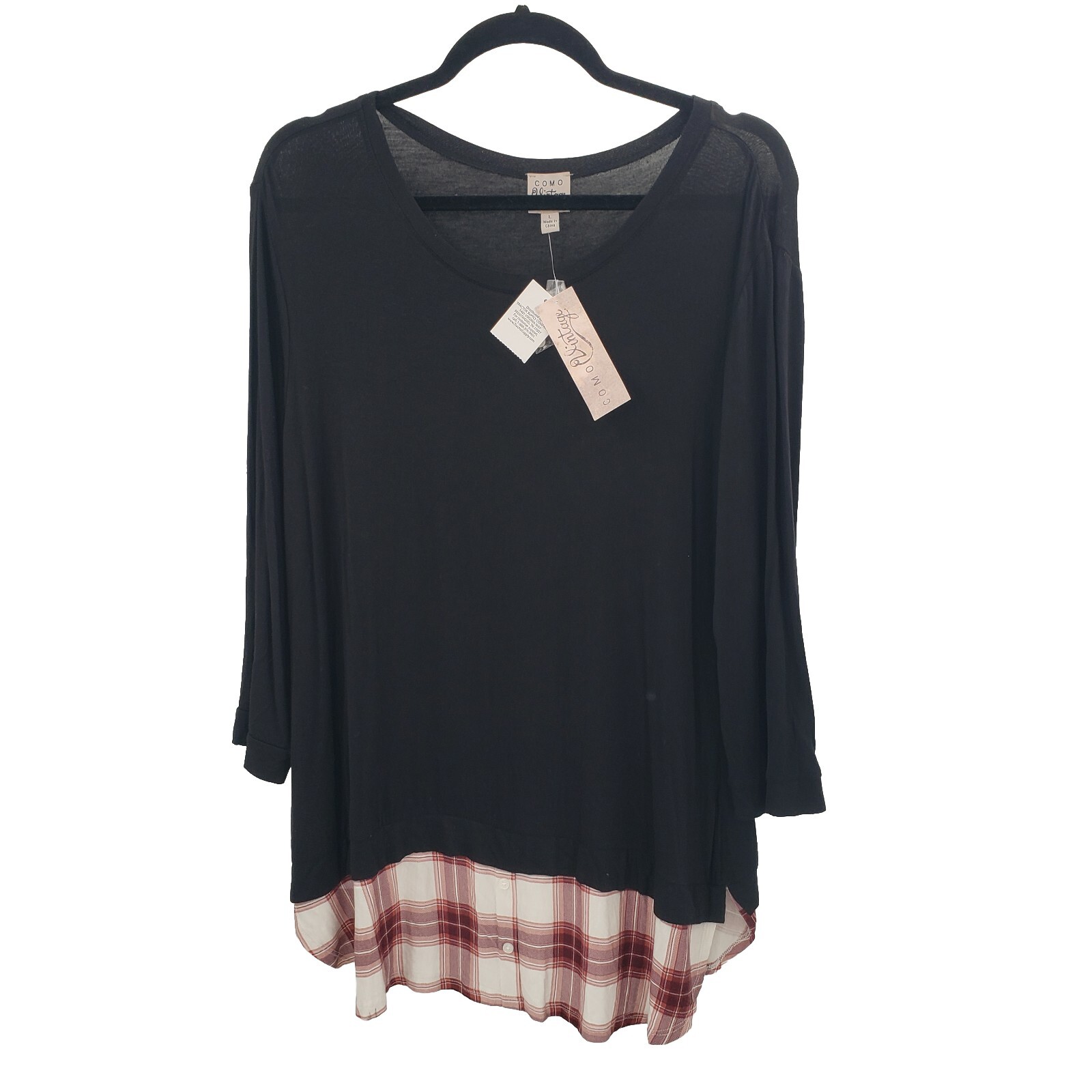 Como Vintage Knit Top Womens LARGE Black Plaid Shirt Tail Hem 3/4 Sleeve Shirt