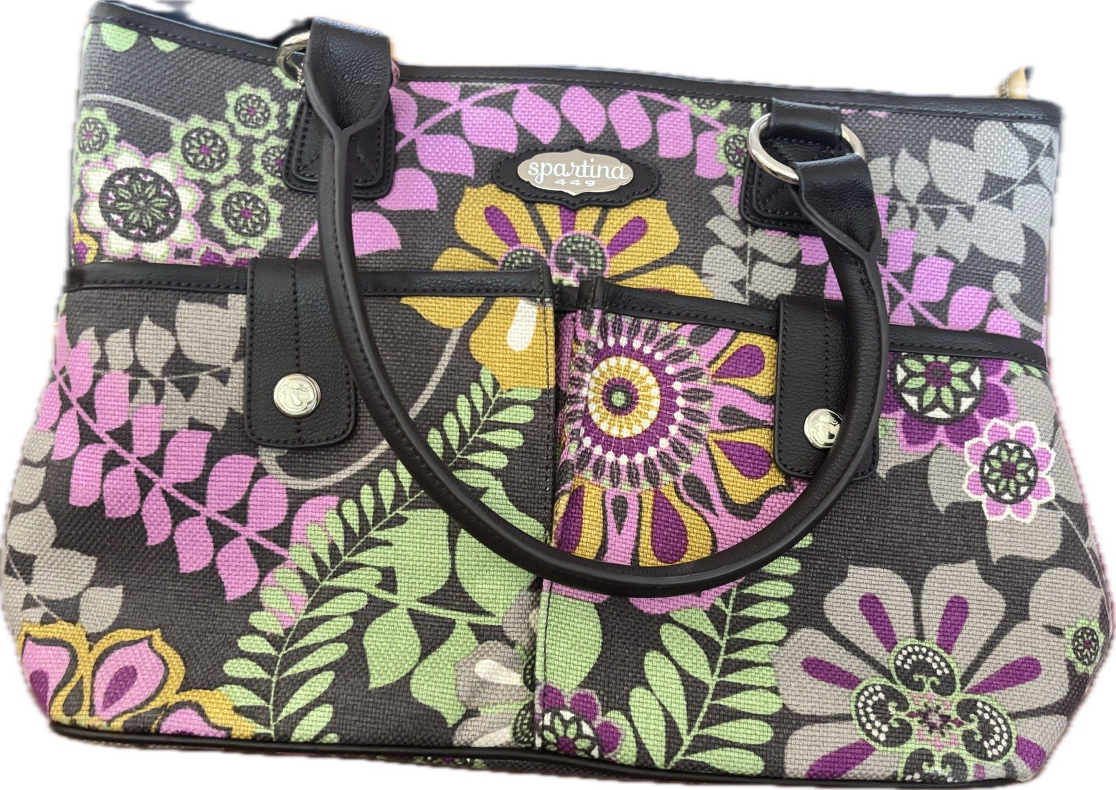 Spartina 449 Floral Multicolor Tote Zip Top Black Leather Double Handles Pockets