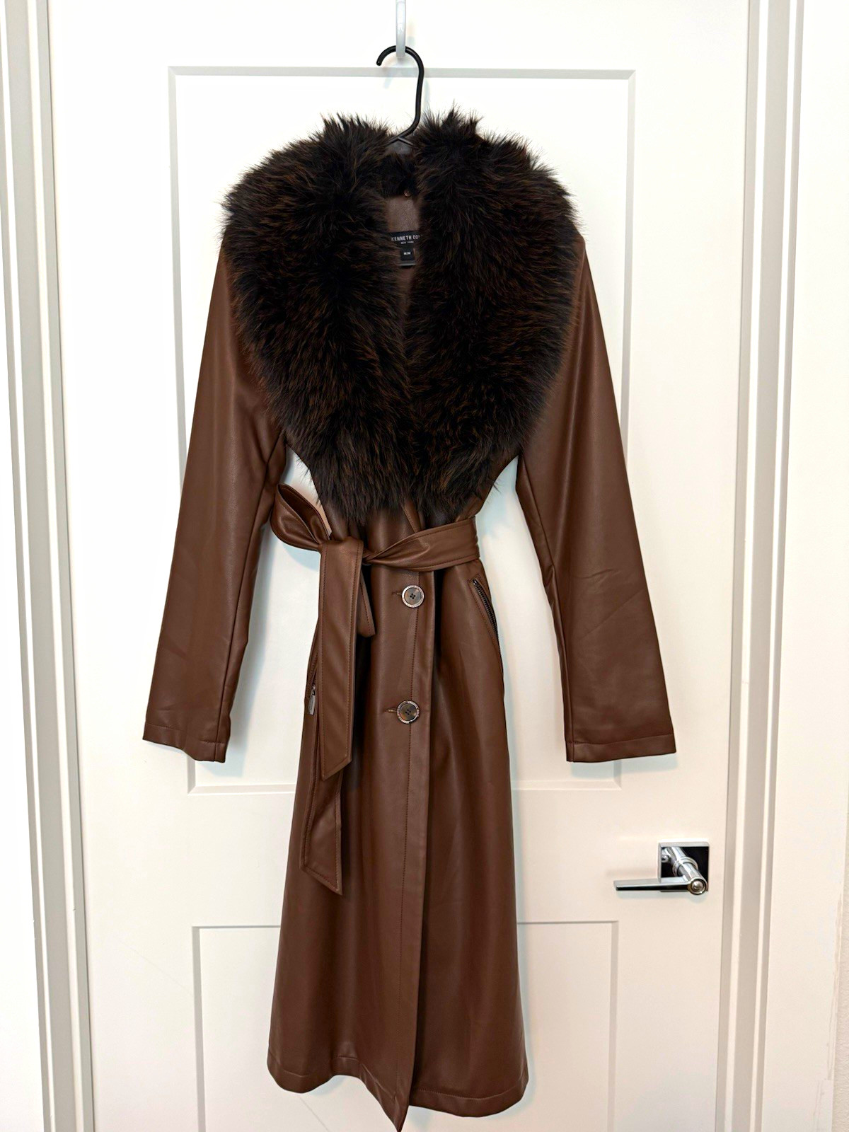 Kenneth Cole New York Brown Trench Coat Faux Fur Trim Belted Button Front M