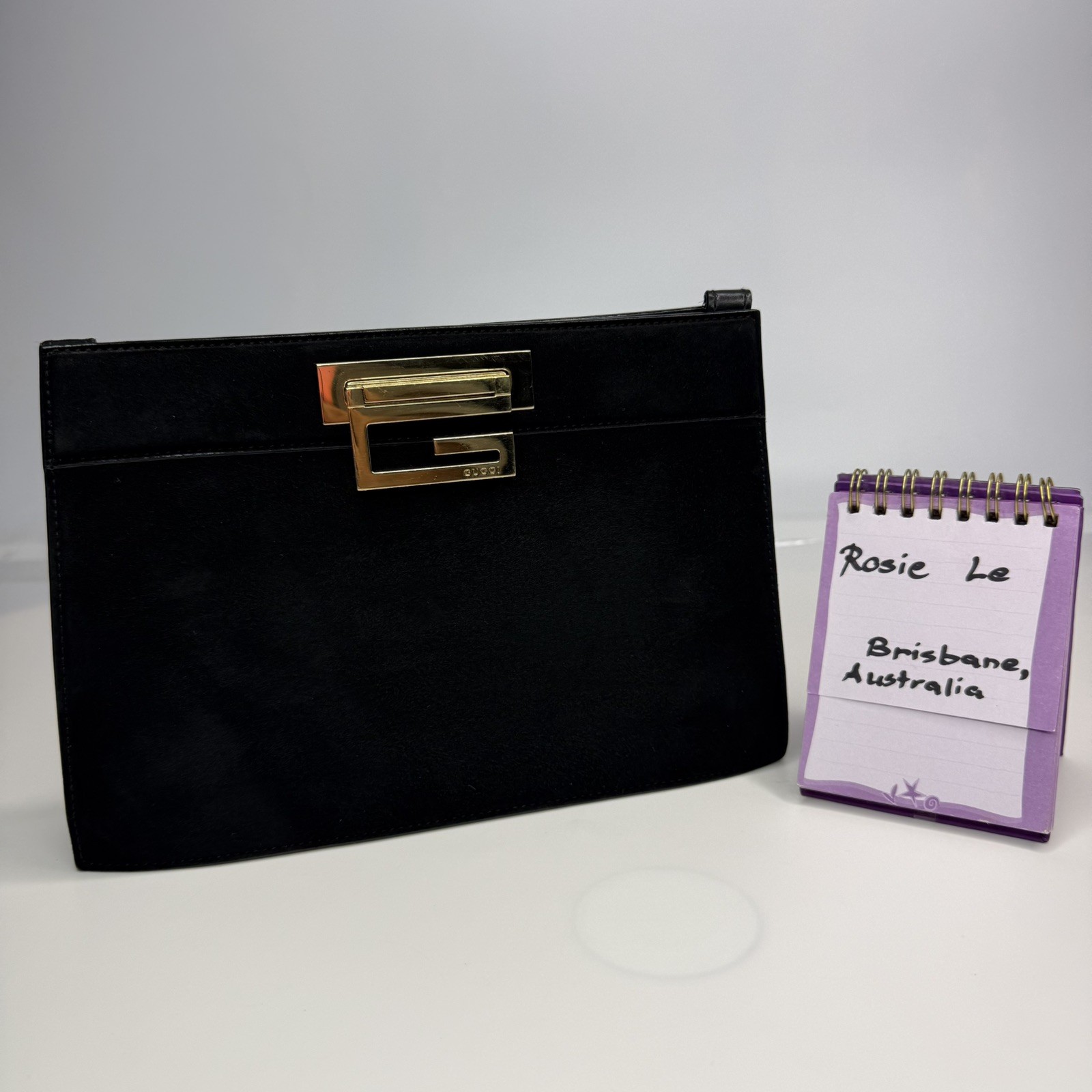 GUCCI Vintage G Square Logo Shoulder Bag Handbag Black Gold Suede Leather
