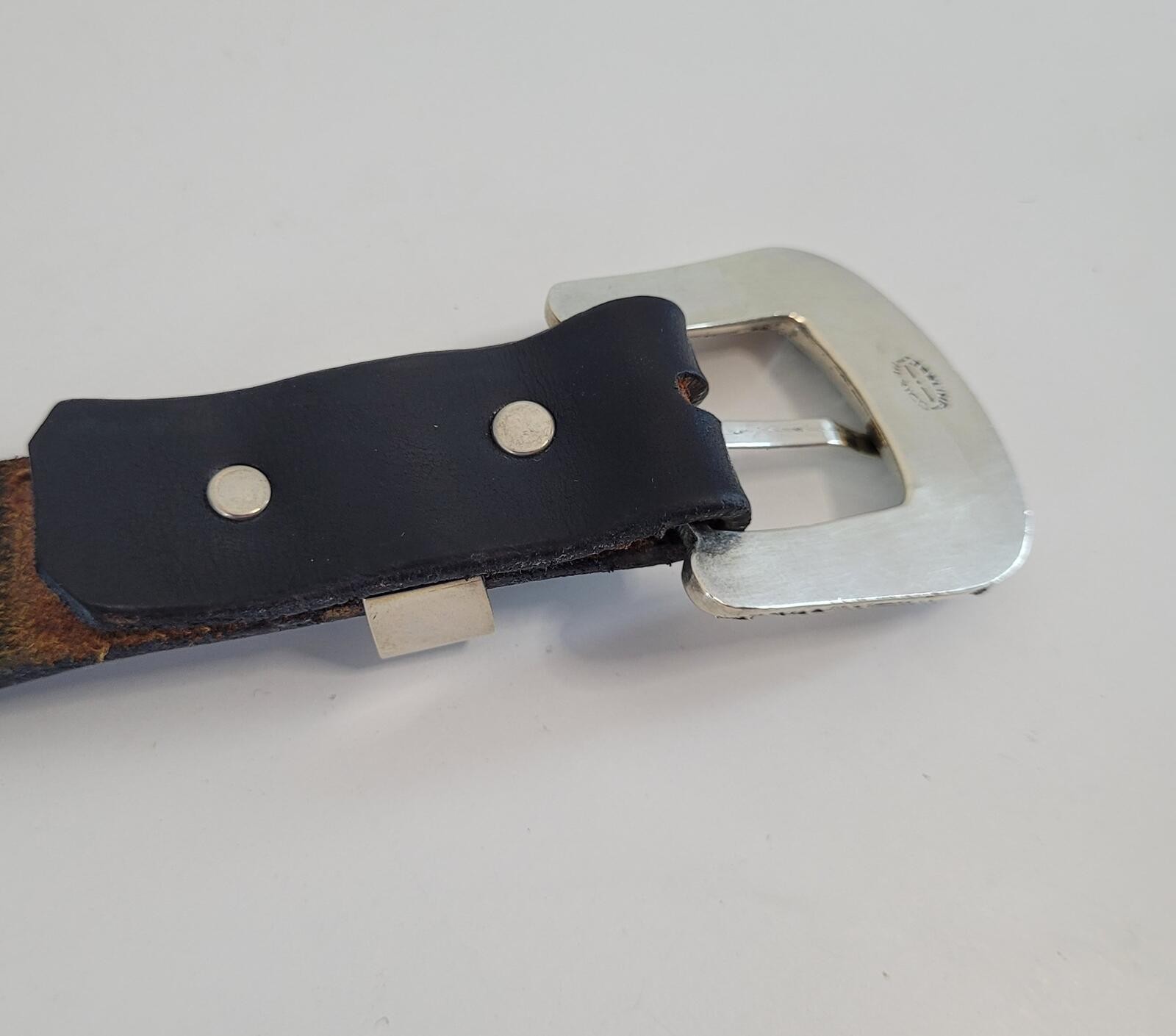 Mexico Sterling Silver Buckle Black Leather Belt Mexican/Western 36″ Waist Vtg